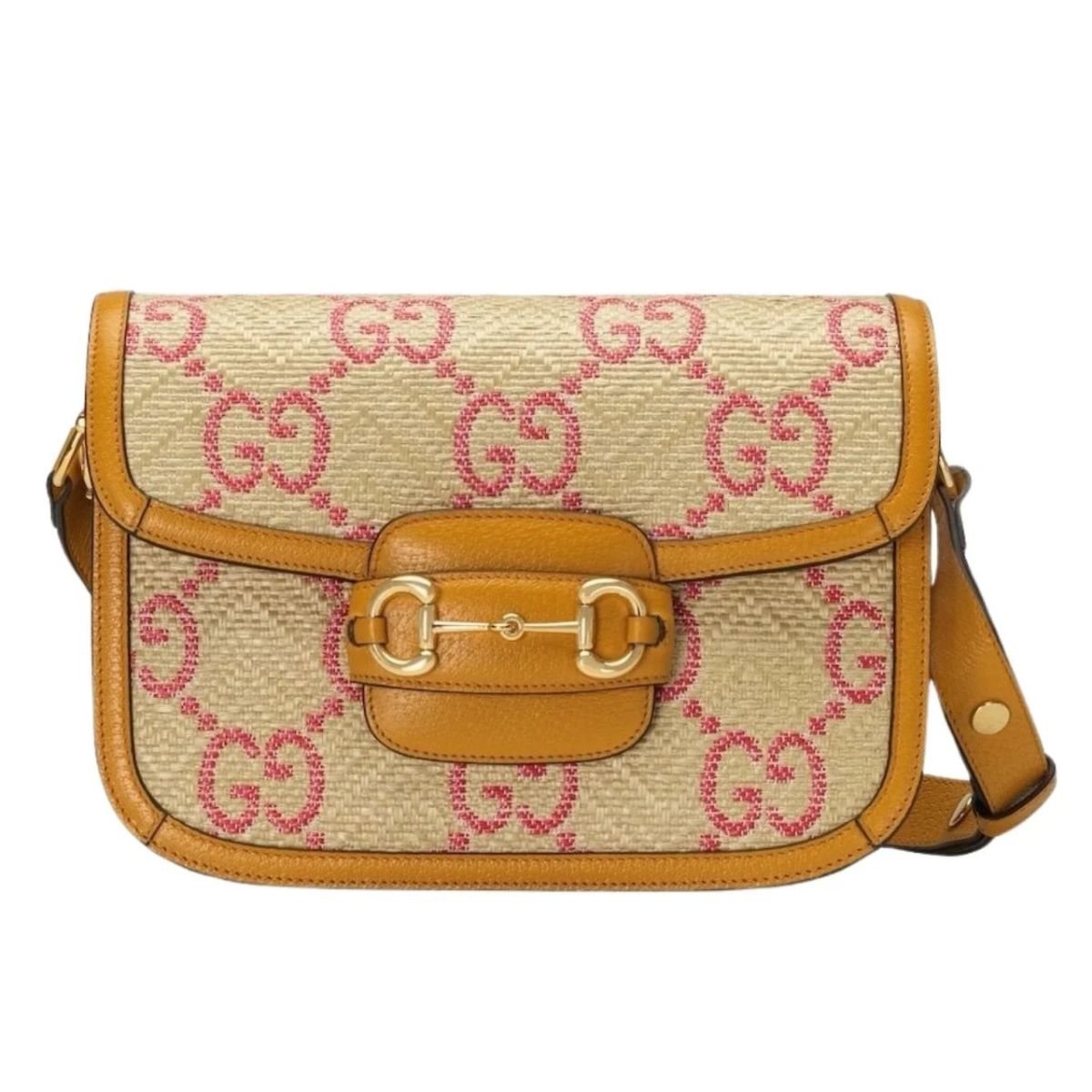 Gucci Horsebit 1955 Pink Raffia Shoulder Bag