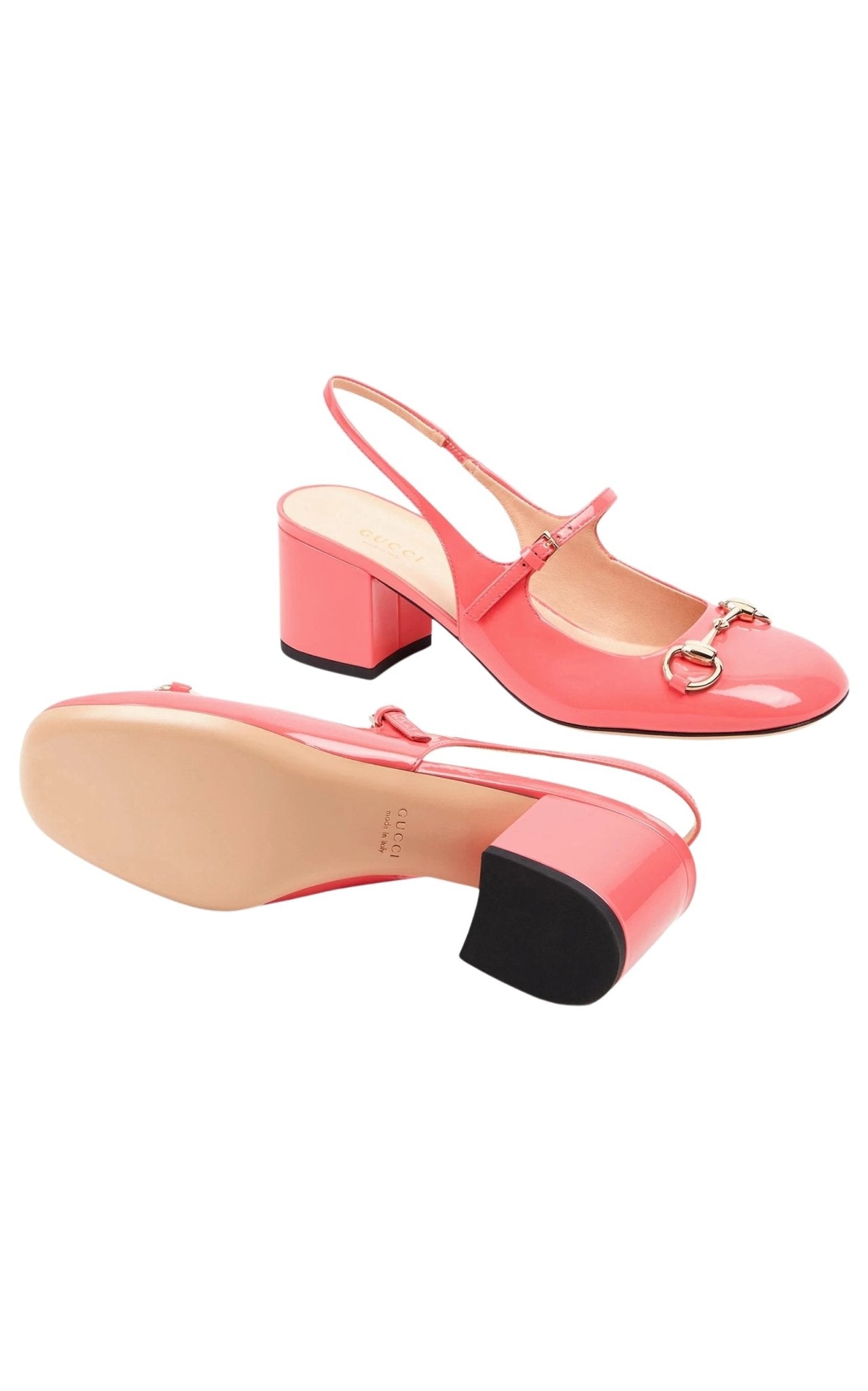 Gucci Horsebit 55 pink patent leather slingback pumps