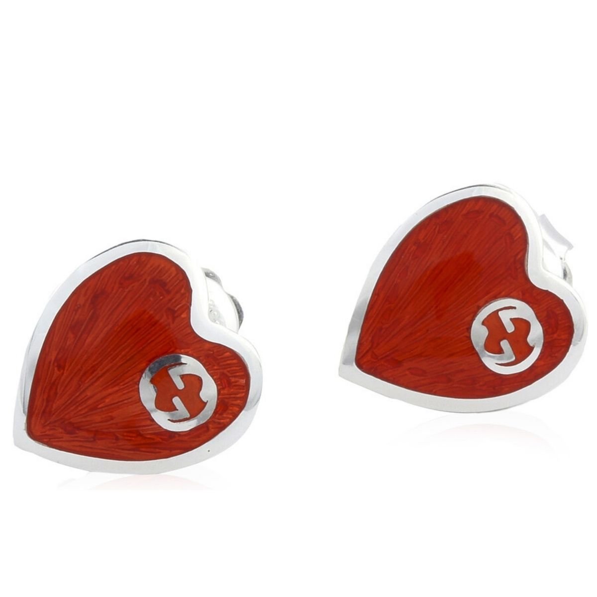 Gucci Interlocking G Heart Stud Earrings in Sterling Silver with Red Enamel - Runway Catalog