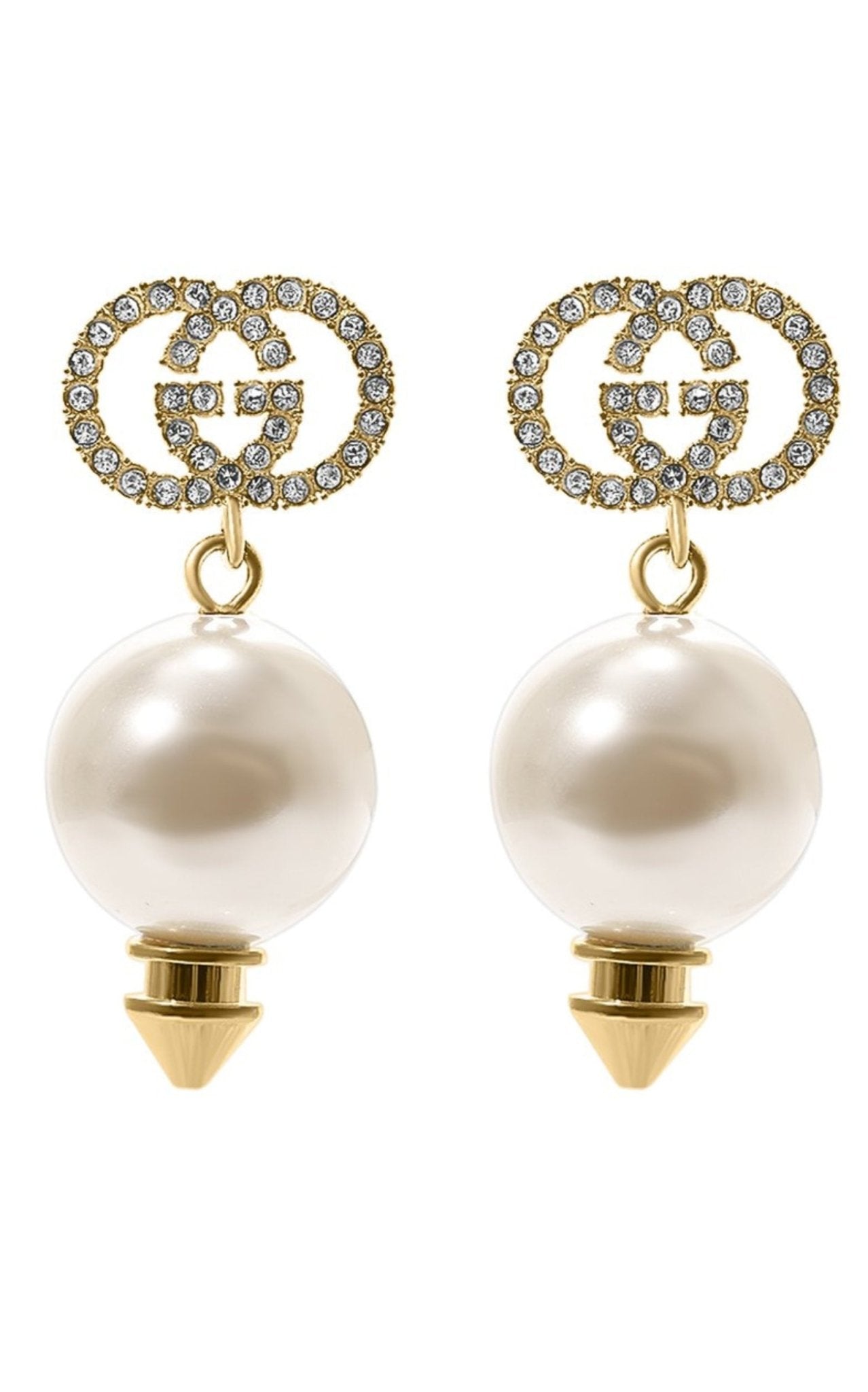Gucci Interlocking G pearl crystal drop earrings gold tone