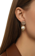 Gucci Interlocking G pearl crystal drop earrings gold tone