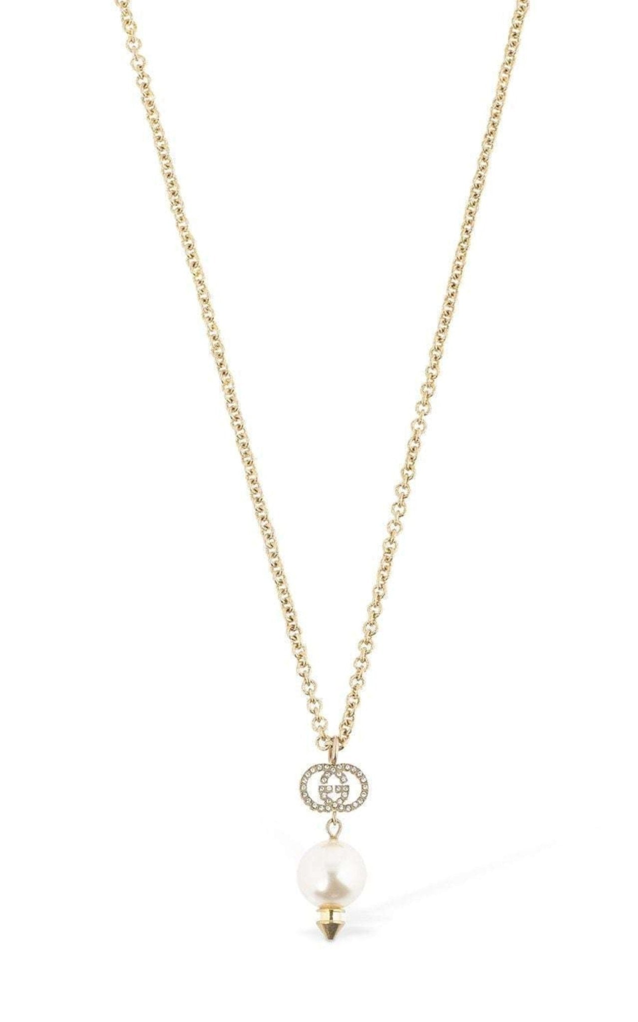 Gucci Interlocking G pearl crystal gold necklace with pendant