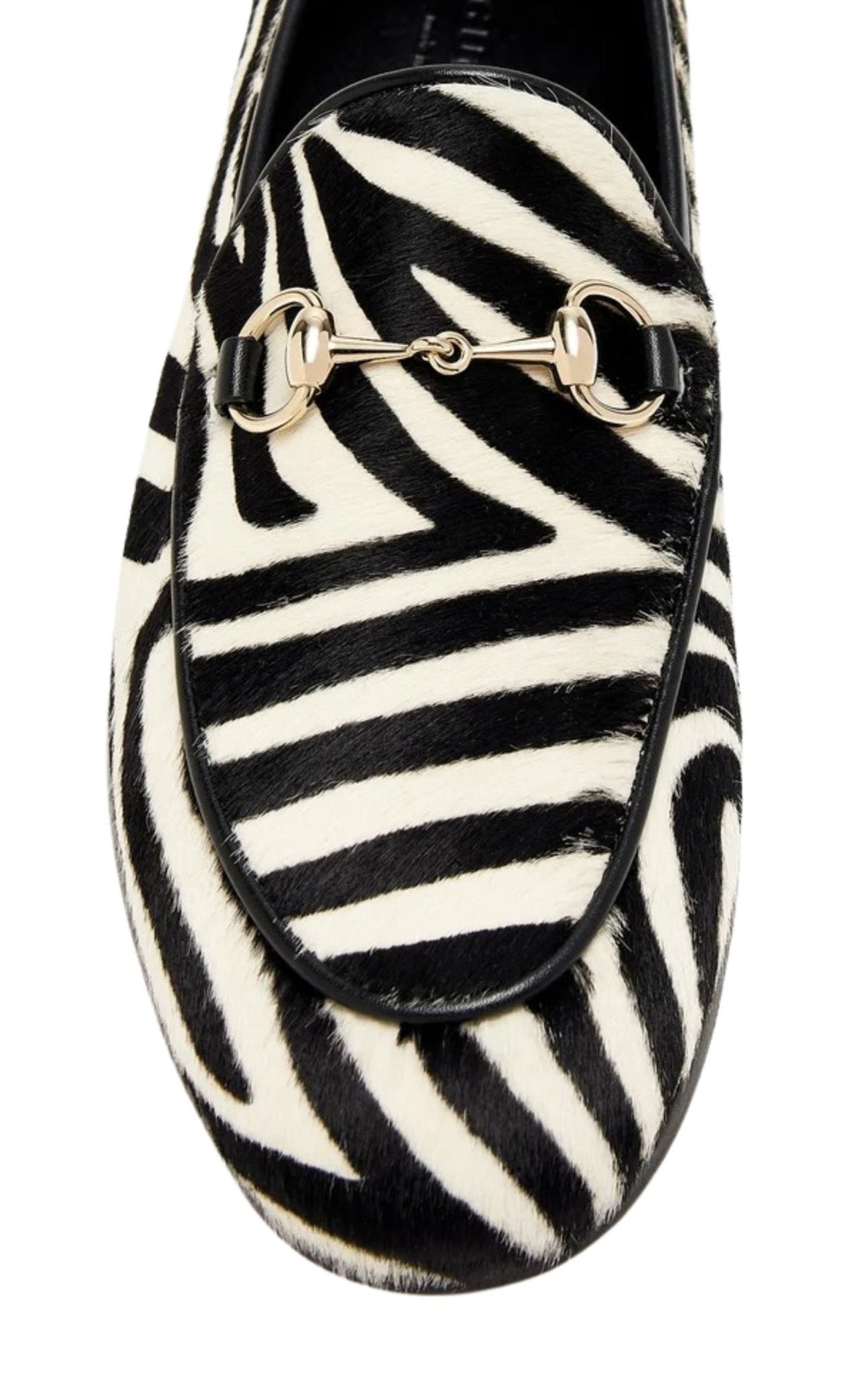 Gucci Jordaan zebra-print calf hair loafers with gold Horsebit hardware and almond toe