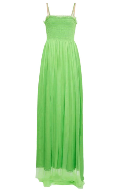 Gucci Kiwi Green Shirred Bodice Smocked Silk Gown - Runway Catalog