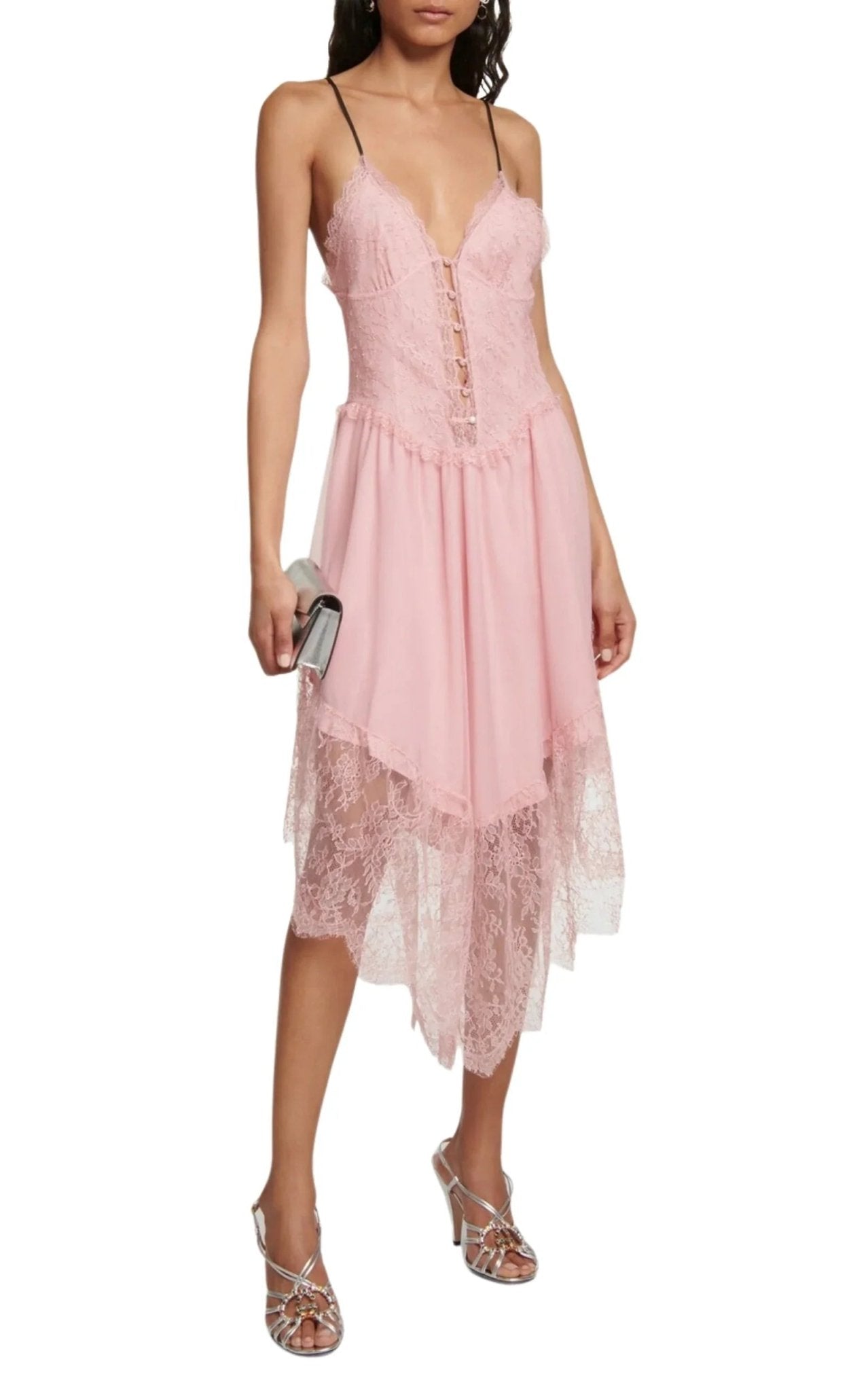 Gucci Lace Trimmed Pink Chiffon Dress