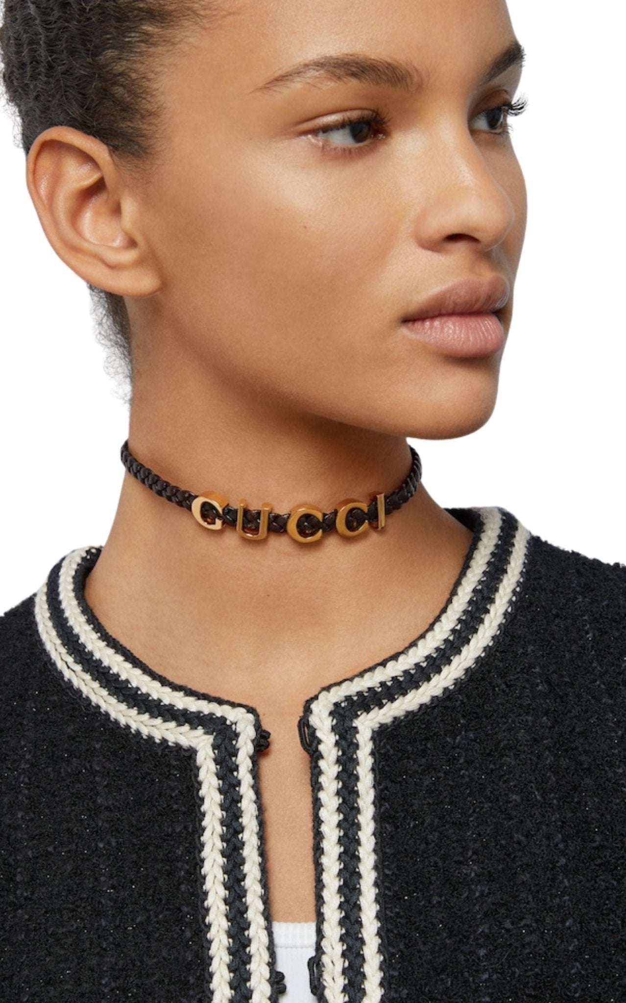 Gucci Leather Choker Necklace in Black with Gold-Tone Logo