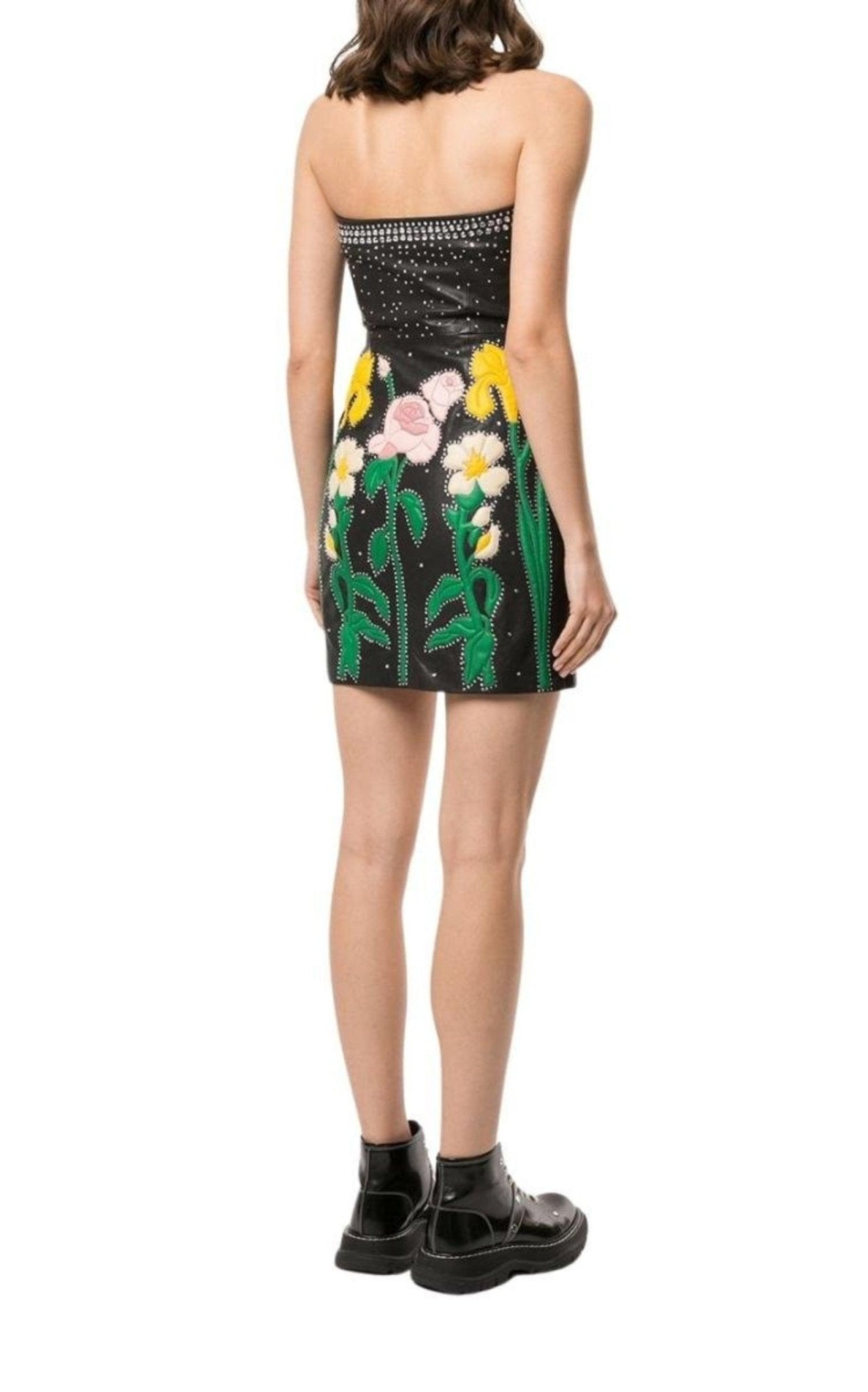 Gucci Leather Flower Intarsia Strapless Dress