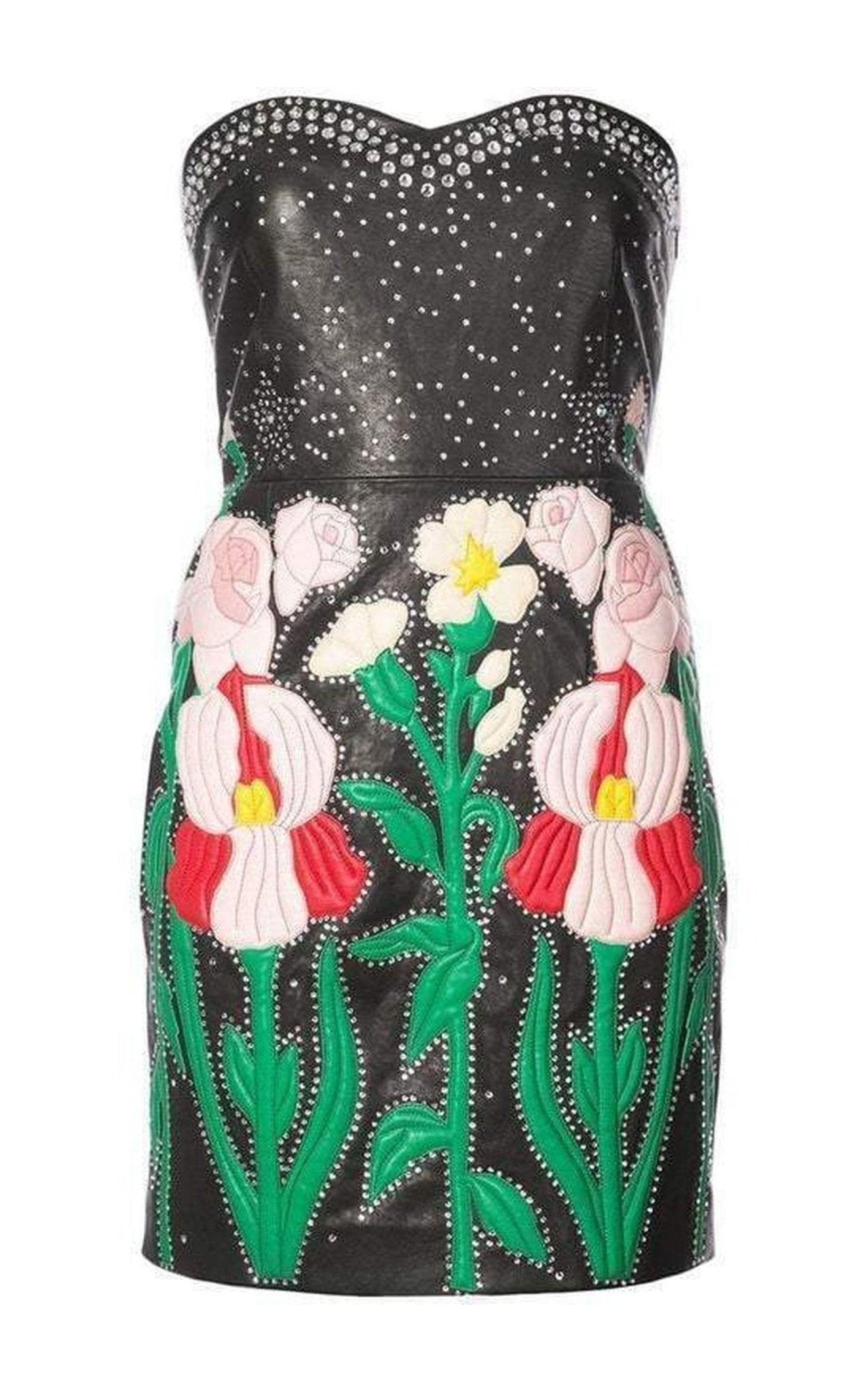 Gucci Leather Flower Intarsia Strapless Dress