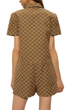 Gucci camel and ebony Original GG canvas jumpsuit with gold Horsebit pocket details