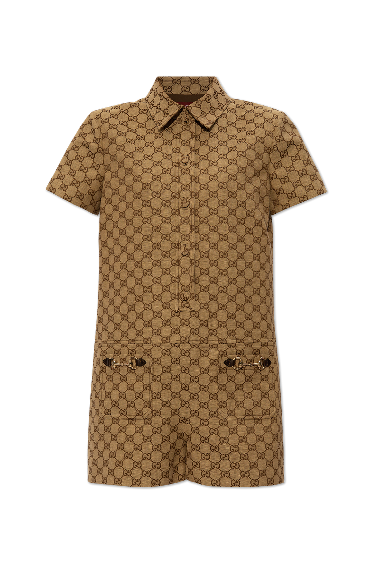 Gucci short-sleeve collared romper featuring an all-over brown and beige GG monogram pattern, with two front flap pockets, shown on a plain white background.