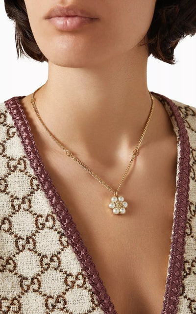 Gucci pearl double G necklace styled on model