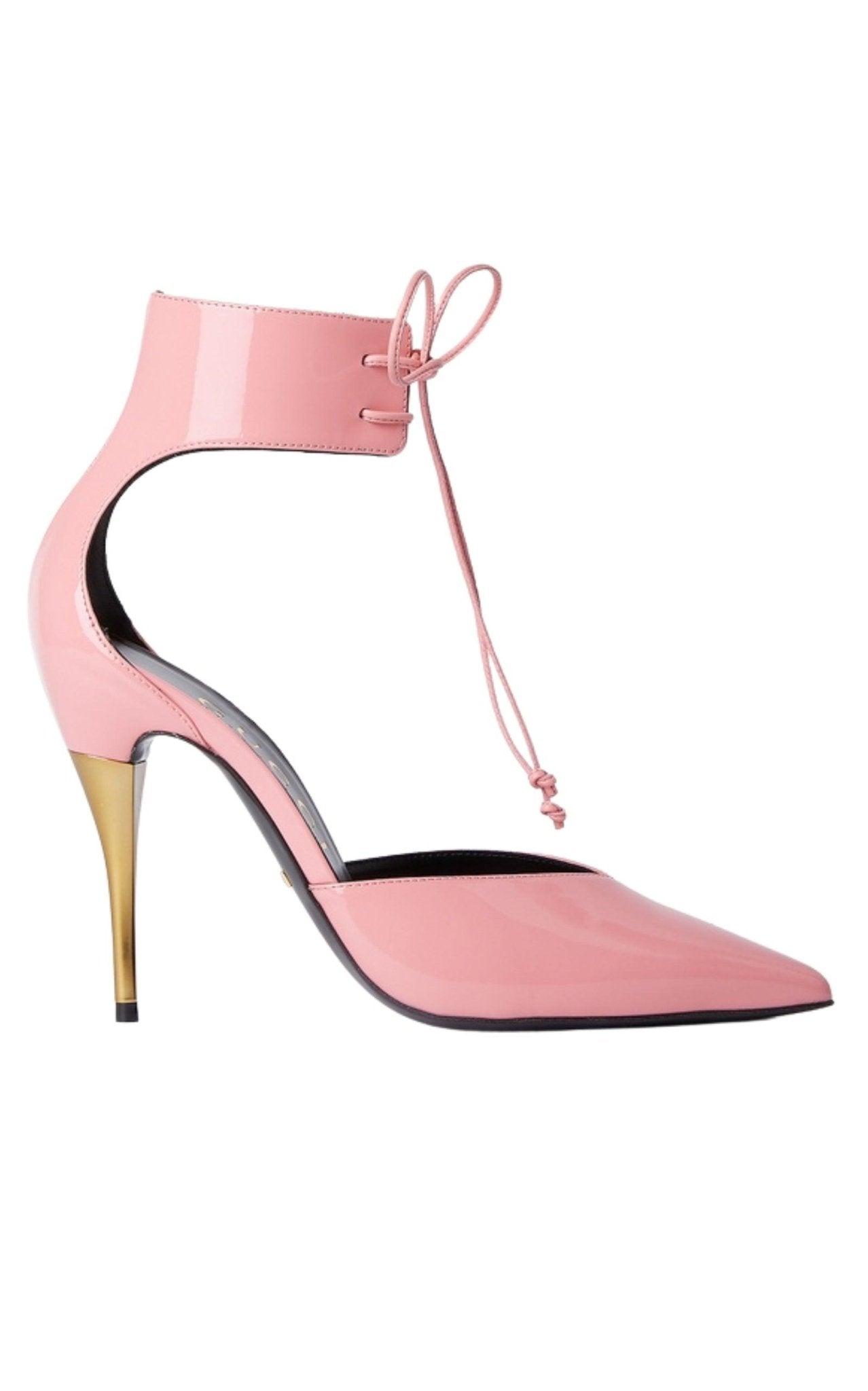 GUCCI ピンク サテン ハイヒール ビジュー付き レースアップ 34C 革 Gucci Priscilla Glossed-Leather Pumps