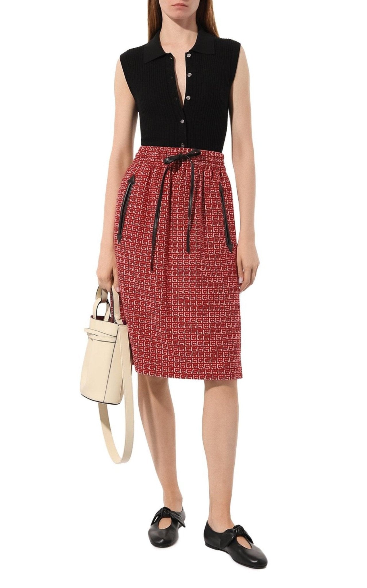 GUCCI GG柄 タイトスカート ボルドー38 Gucci Red Jacquard GG Drawstring Skirt