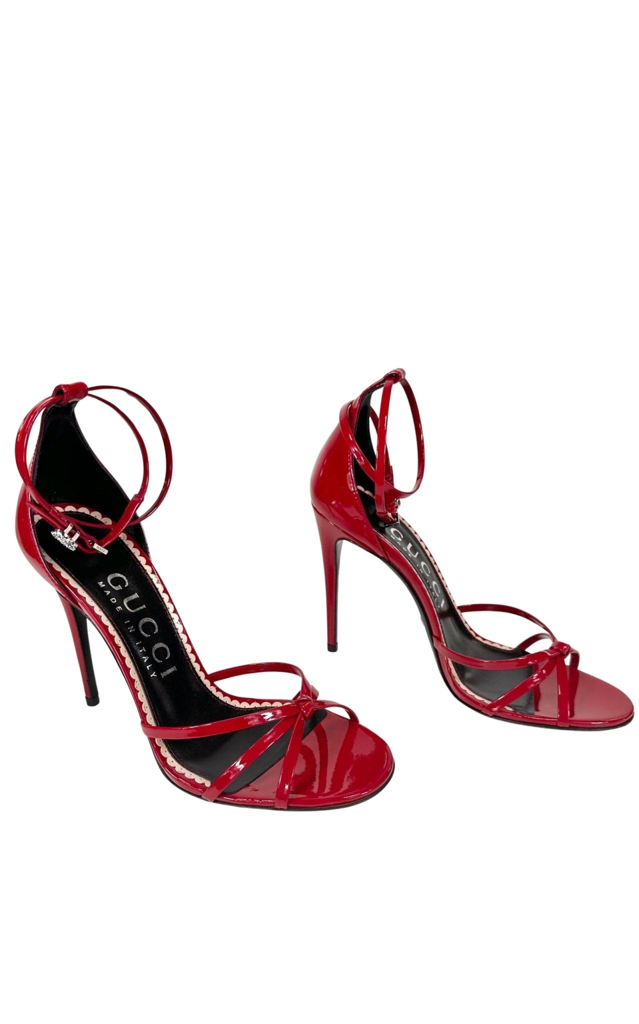 グッチ サンダル パテントレザー アンクルストラップ レッド 36.5 Gucci Red Patent Leather Sandals Double G Ankle Strap