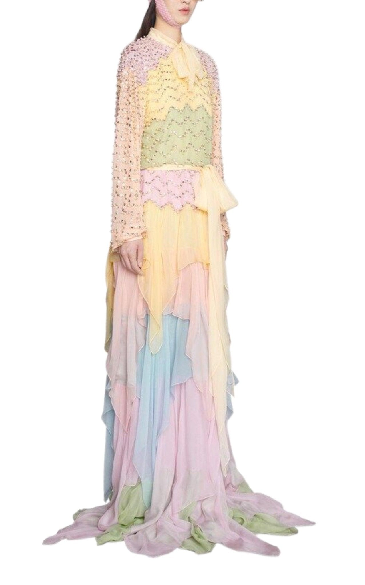 Gucci Ruffled Silk Gown Embellished with Pearls & Rhinestones - Runway Catalog