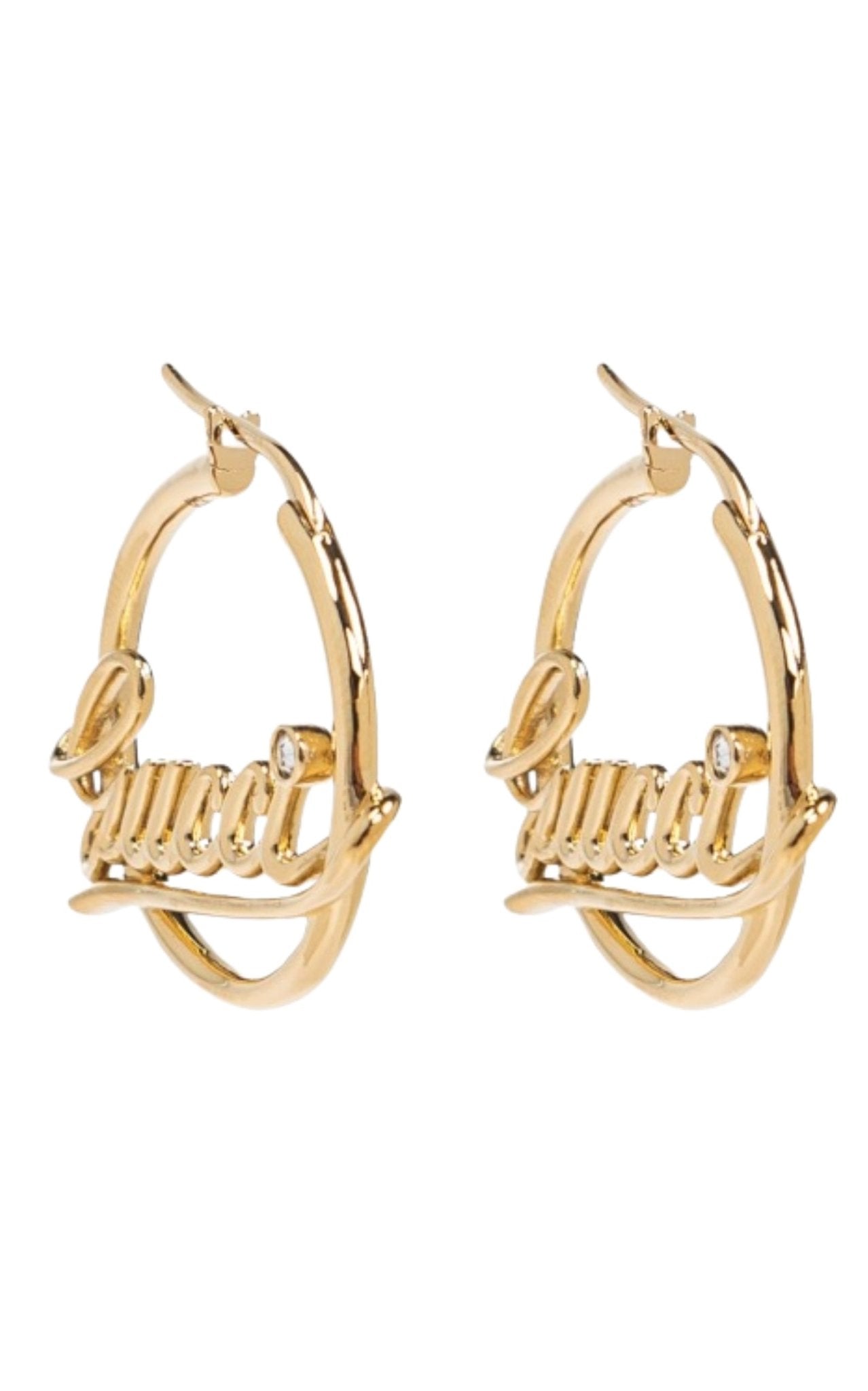 Gucci script logo crystal gold tone hoop earrings