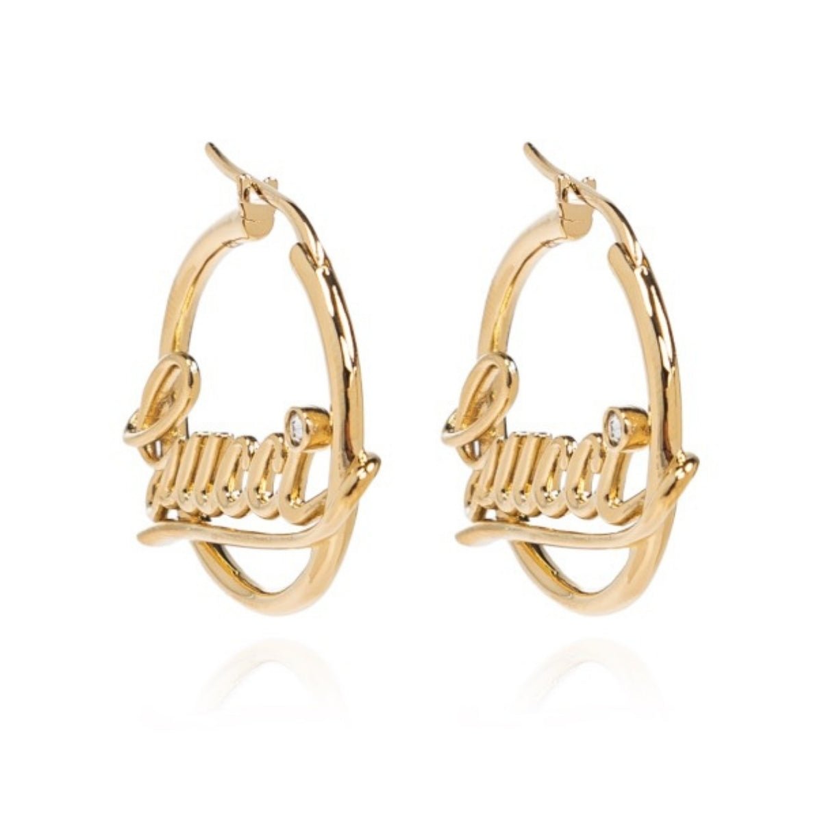 Gucci script logo crystal gold tone hoop earrings