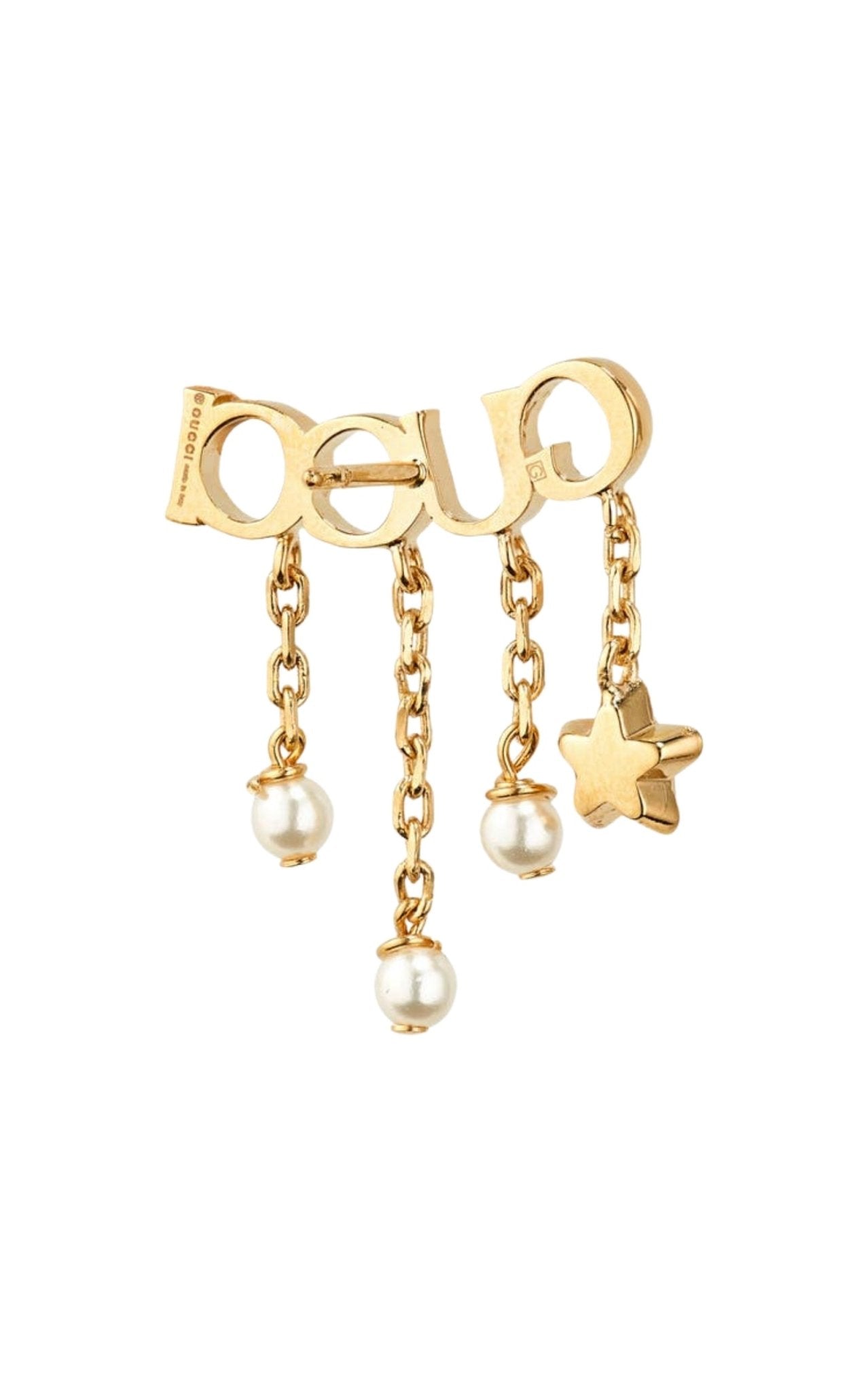 Gucci script logo single earring gold tone angled view