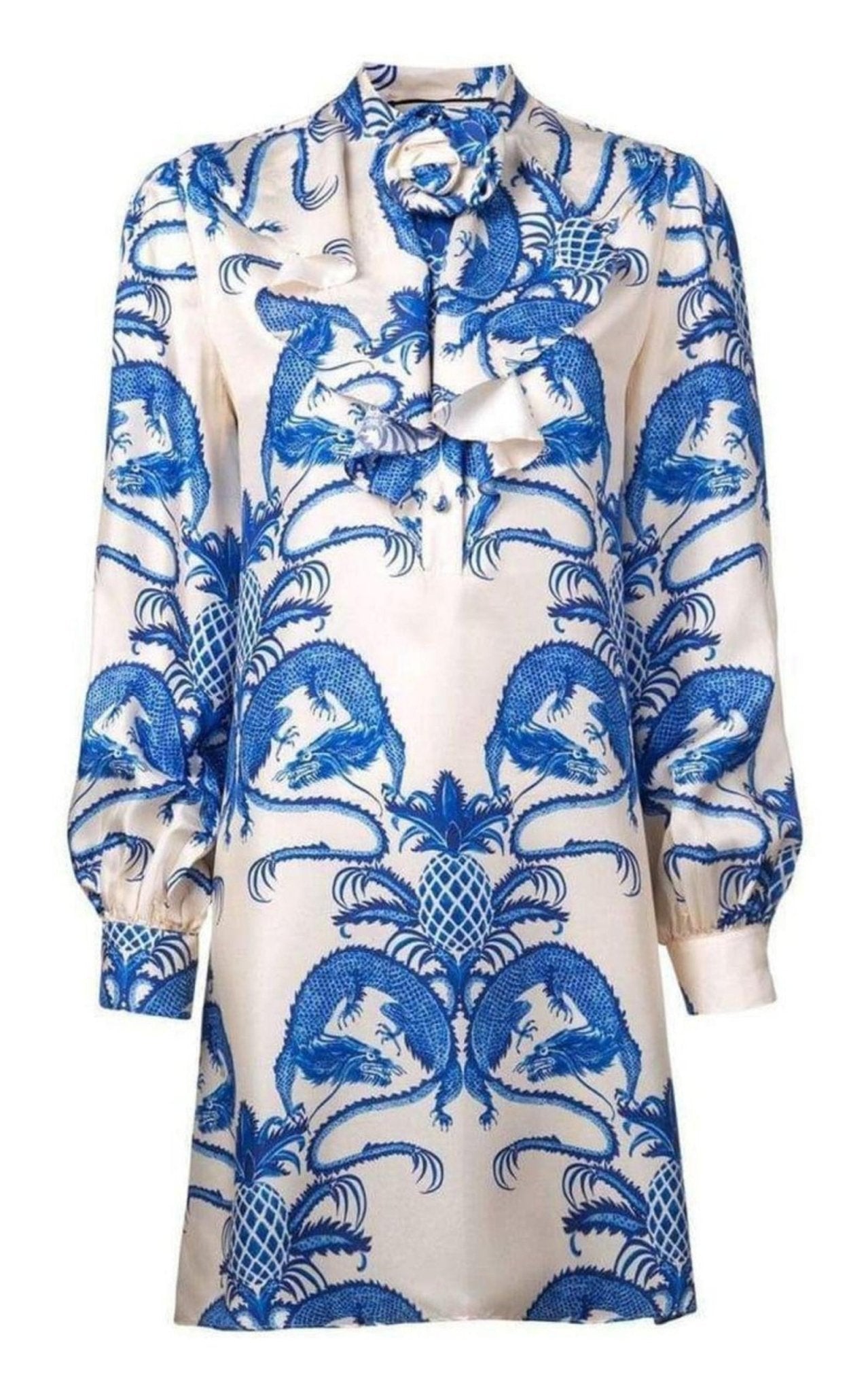 Gucci Silk Dragon Print Twill Ruffle Neck Dress