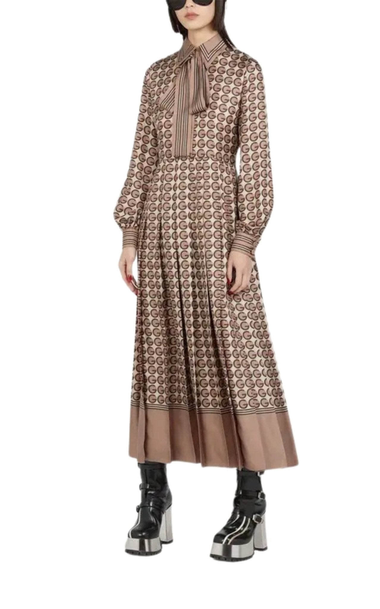 Gucci Silk Shirt Dress with Round G Logo Print - Runway Catalog
