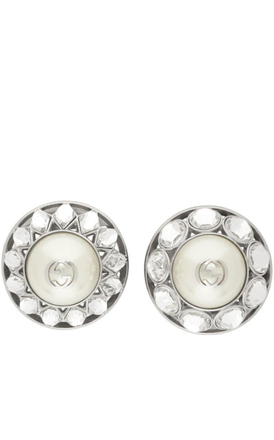 Gucci Silver Crystal & Pearl Interlocking G Earrings - Runway Catalog