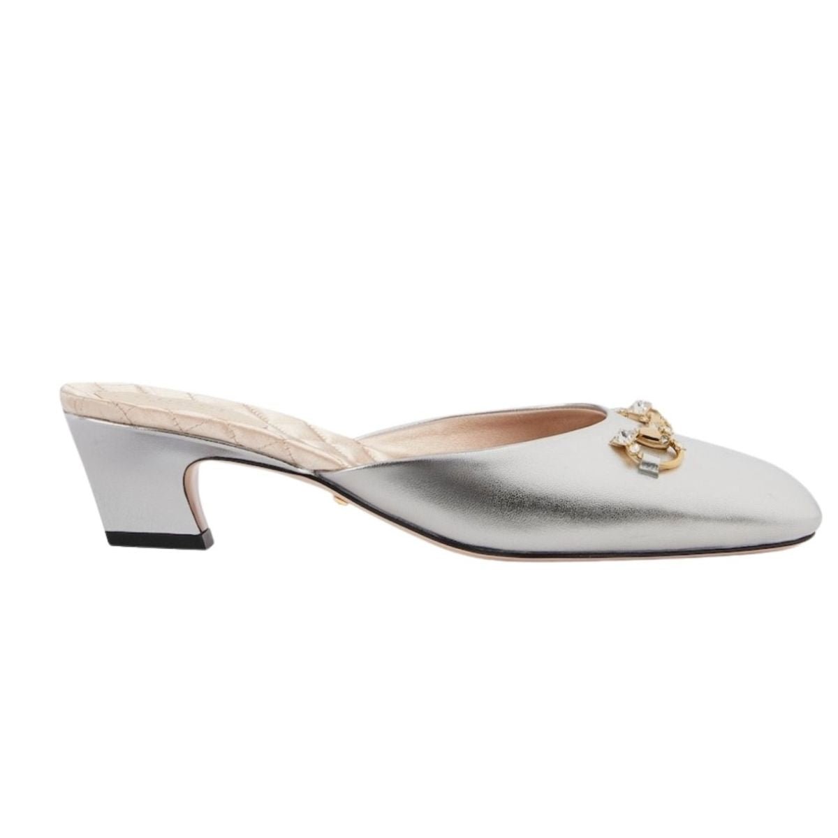 ◾︎希少◾︎ GUCCI GG マーモント ビジュー ハイヒール シルバー 35.5 Gucci Silver Leather Horsebit Mules – Runway Catalog