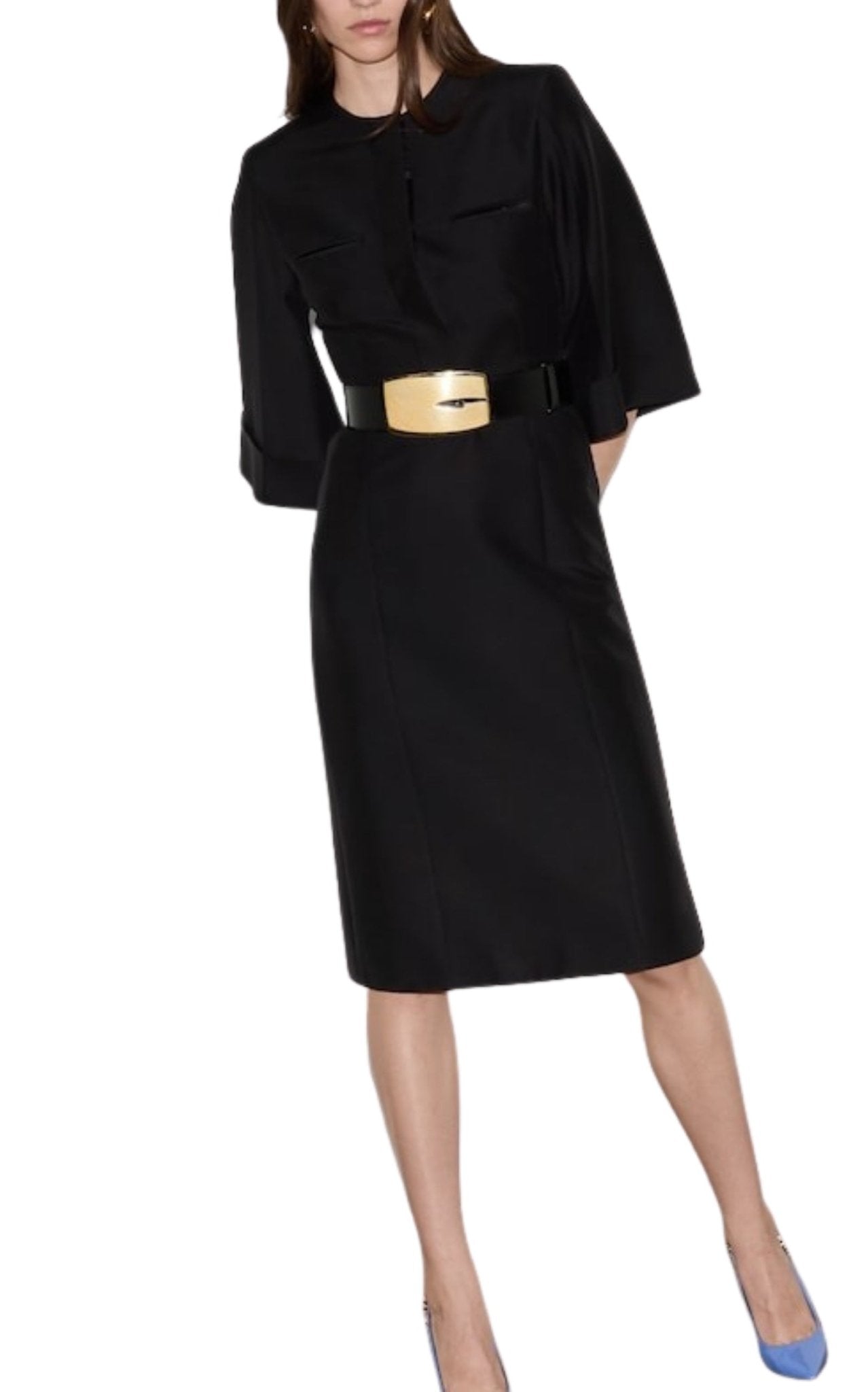 Soft Wool Silk Midi Dress with Leather G Belt
