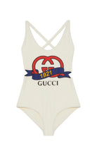 Gucci ivory sparkling jersey swimsuit with Interlocking G 1921 print