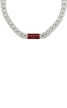 Gucci Trademark 925 sterling silver chain necklace with Rosso Ancora red enamel tag pendant