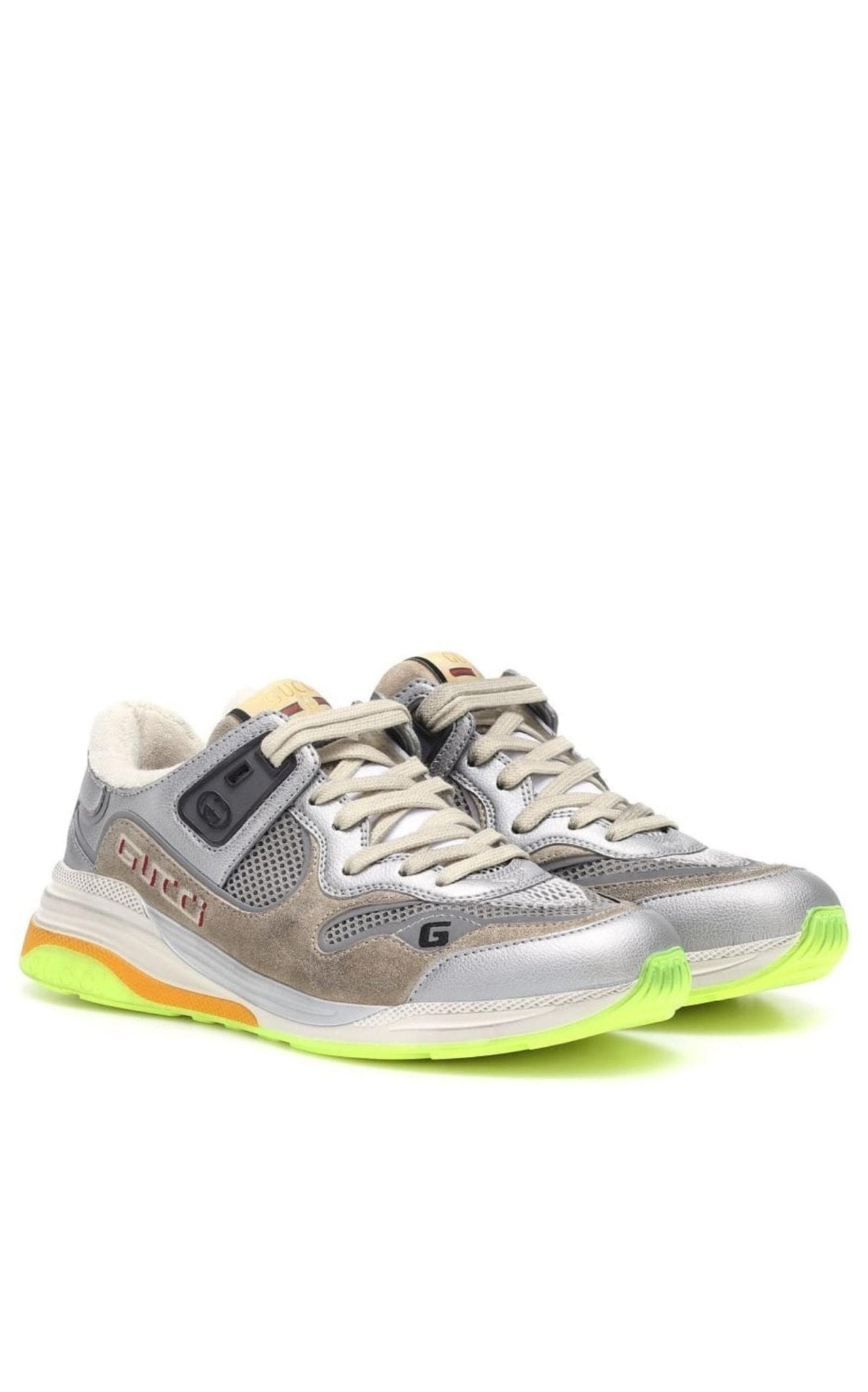 Gucci Ultrapace Metallic Leather Distressed Suede Sneakers - Runway Catalog