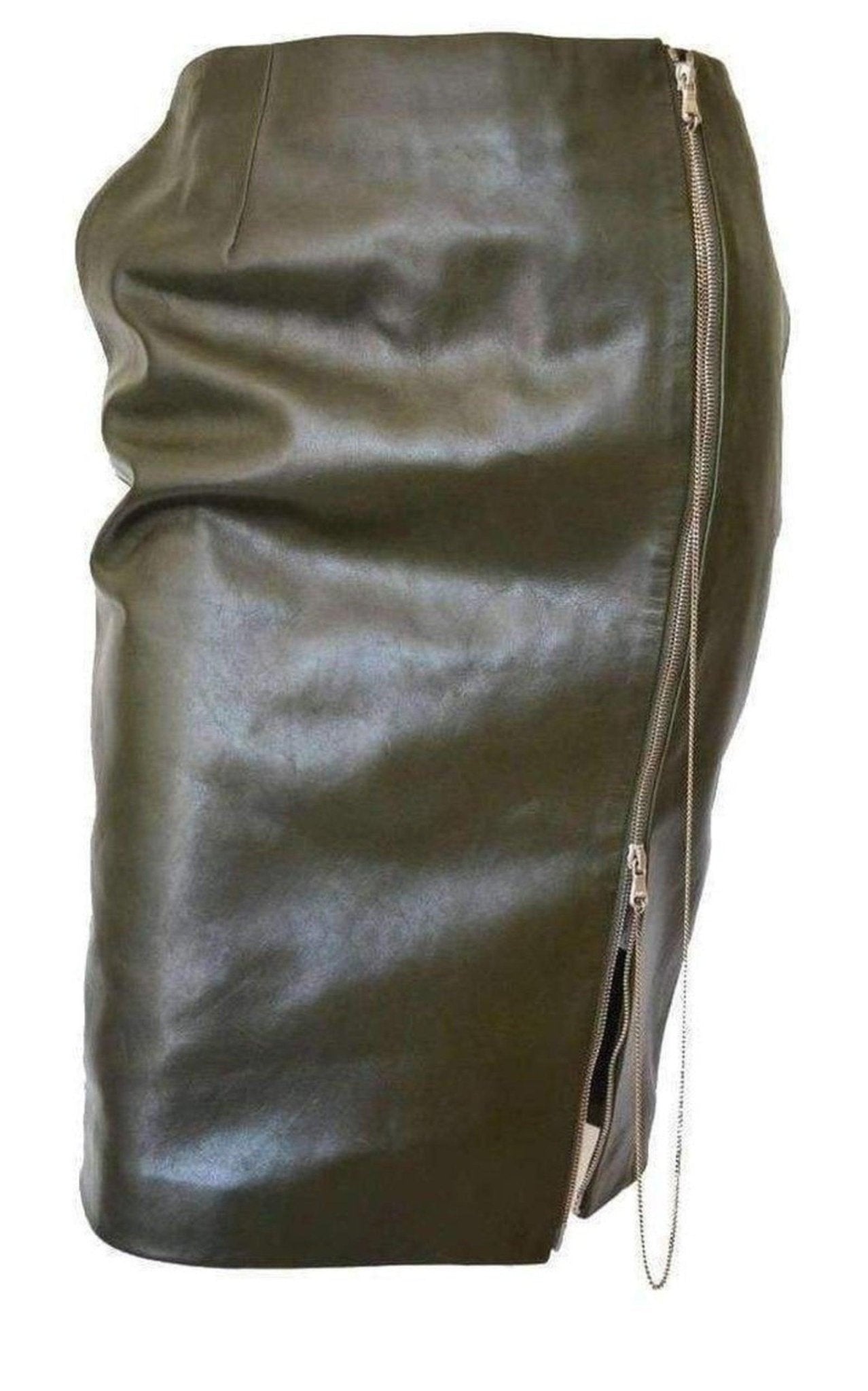 Jean Paul Gaultier Dark Olive Green Front Zipper Leather Skirt - Runway Catalog