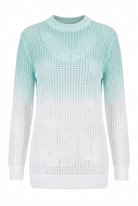 A long-sleeve knit sweater with a gradient color transition from mint green at the top to white at the bottom, featuring a textured open-knit pattern.