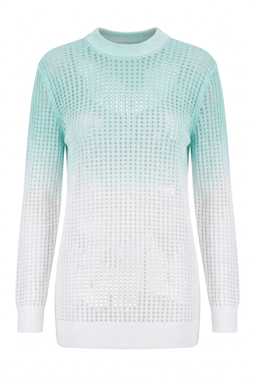 A long-sleeve knit sweater with a gradient color transition from mint green at the top to white at the bottom, featuring a textured open-knit pattern.