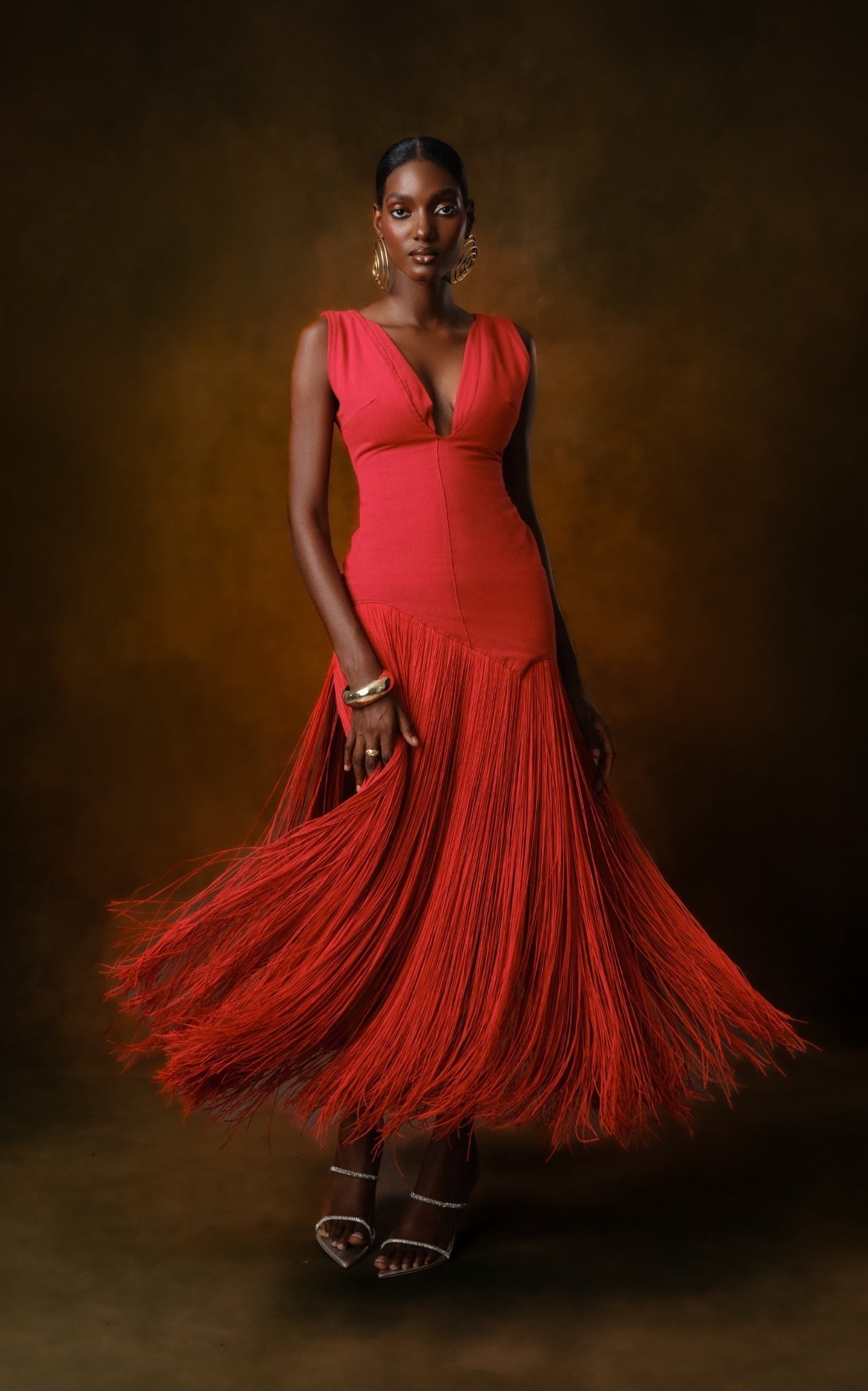 Kilentar jade fringed cotton maxi dress with cascading fringe detailing