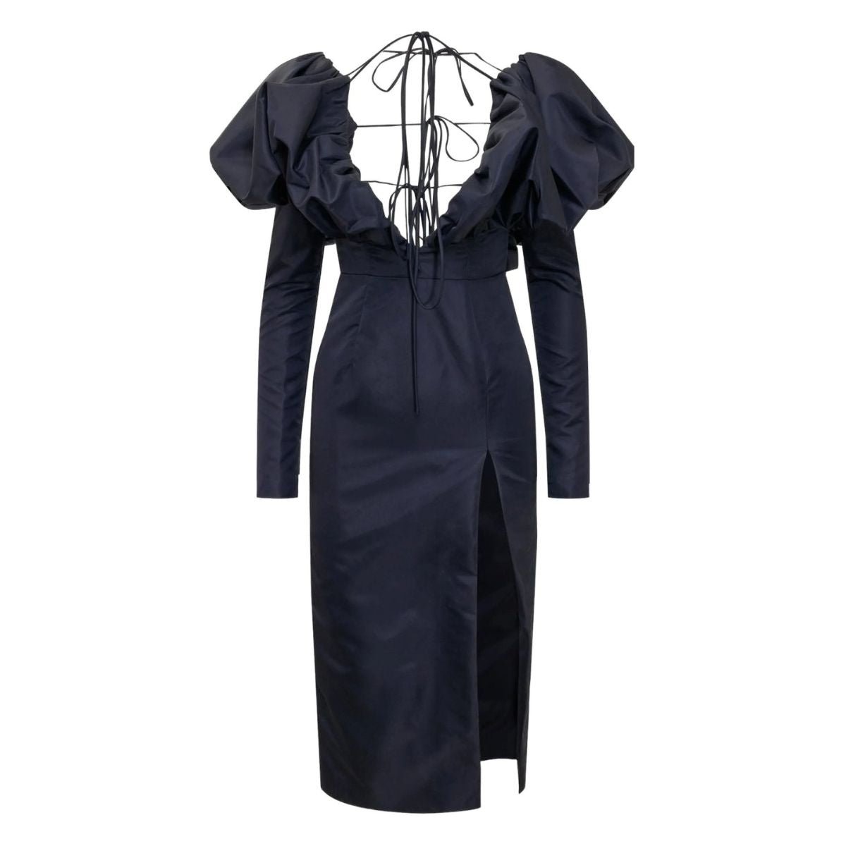 LaQuan Smith Faille Halter Neck Puff Sleeve Midi Dress - Runway Catalog