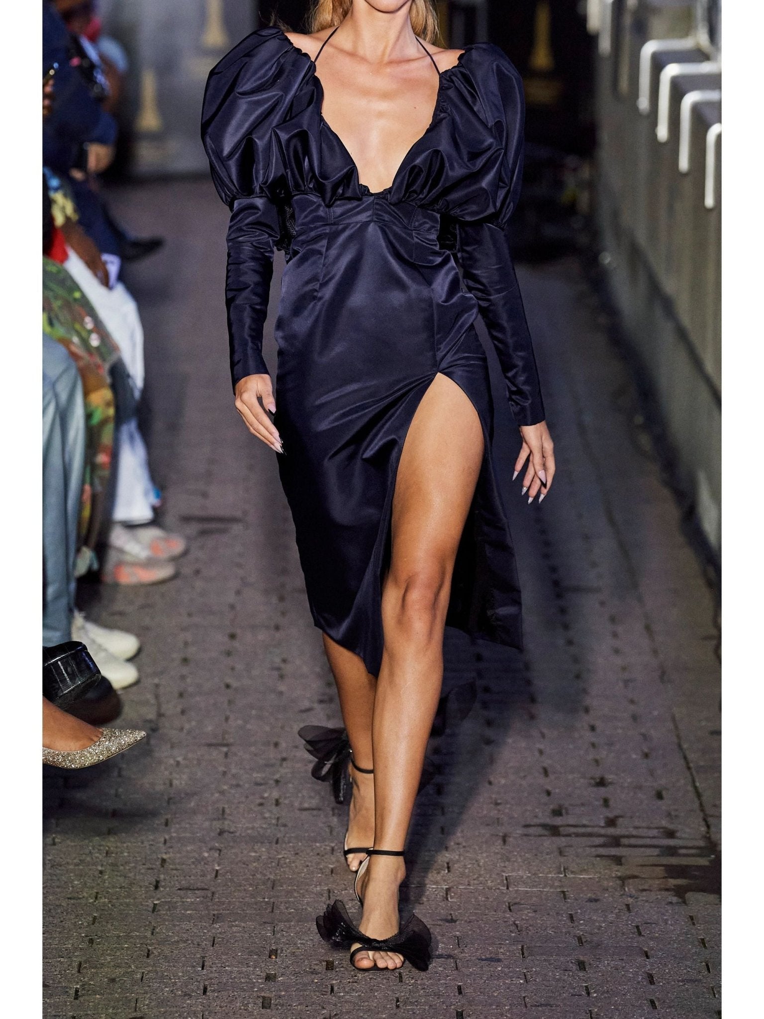 LaQuan Smith Faille Halter Neck Puff Sleeve Midi Dress - Runway Catalog