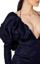 LaQuan Smith Faille Halter Neck Puff Sleeve Midi Dress - Runway Catalog