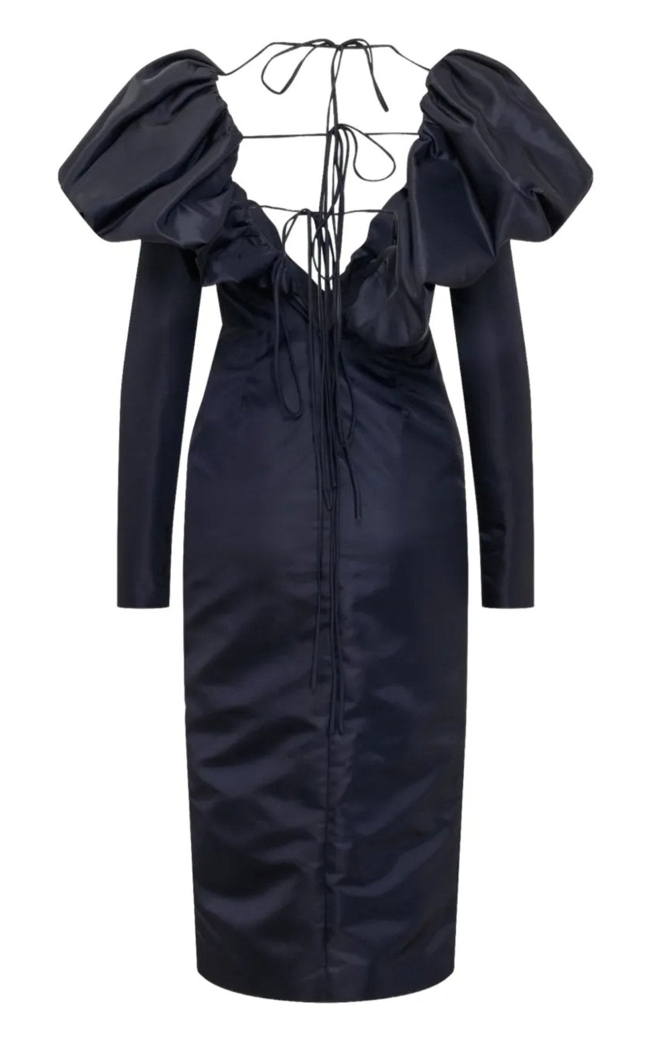 LaQuan Smith Faille Halter Neck Puff Sleeve Midi Dress - Runway Catalog