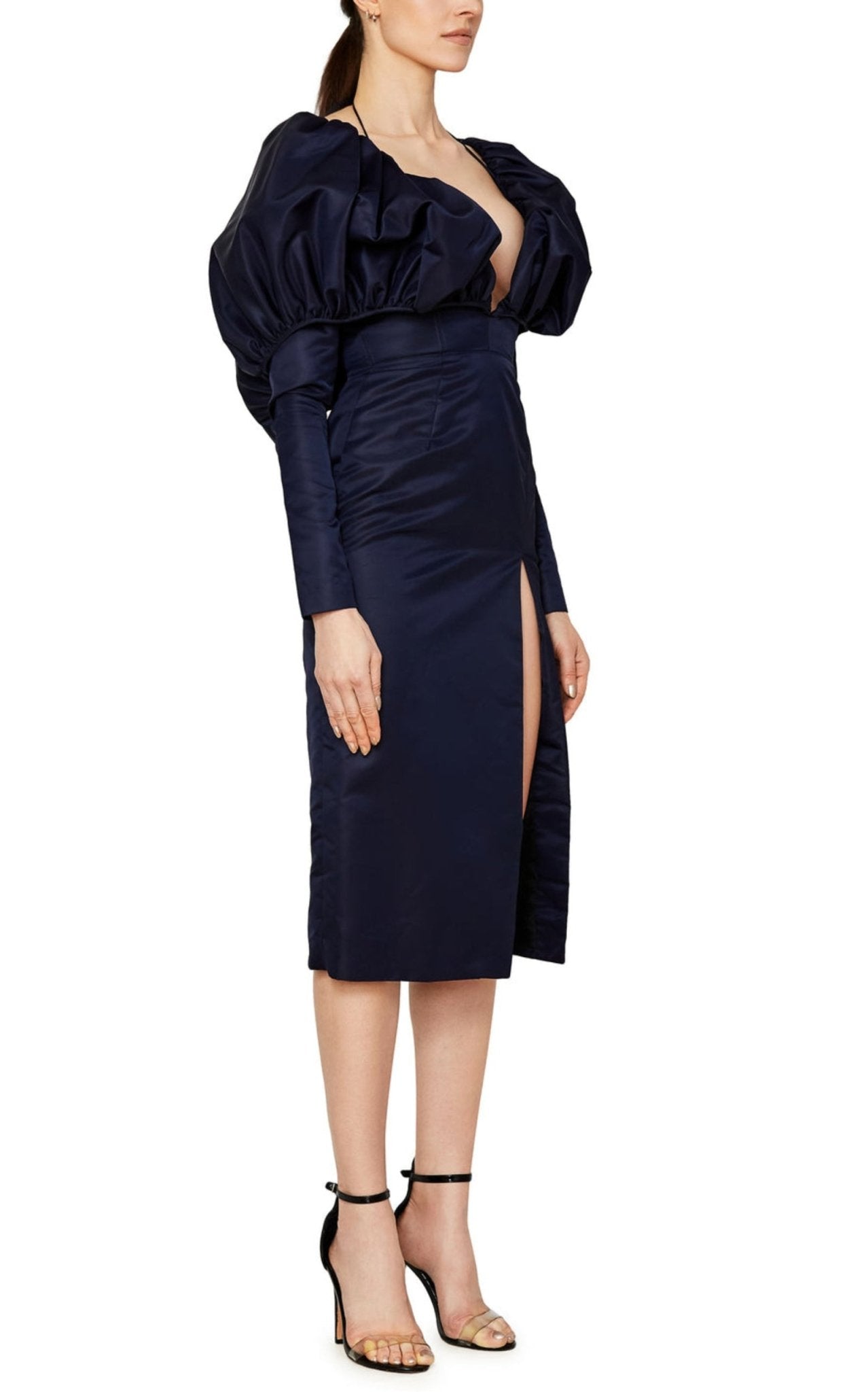 LaQuan Smith Faille Halter Neck Puff Sleeve Midi Dress - Runway Catalog