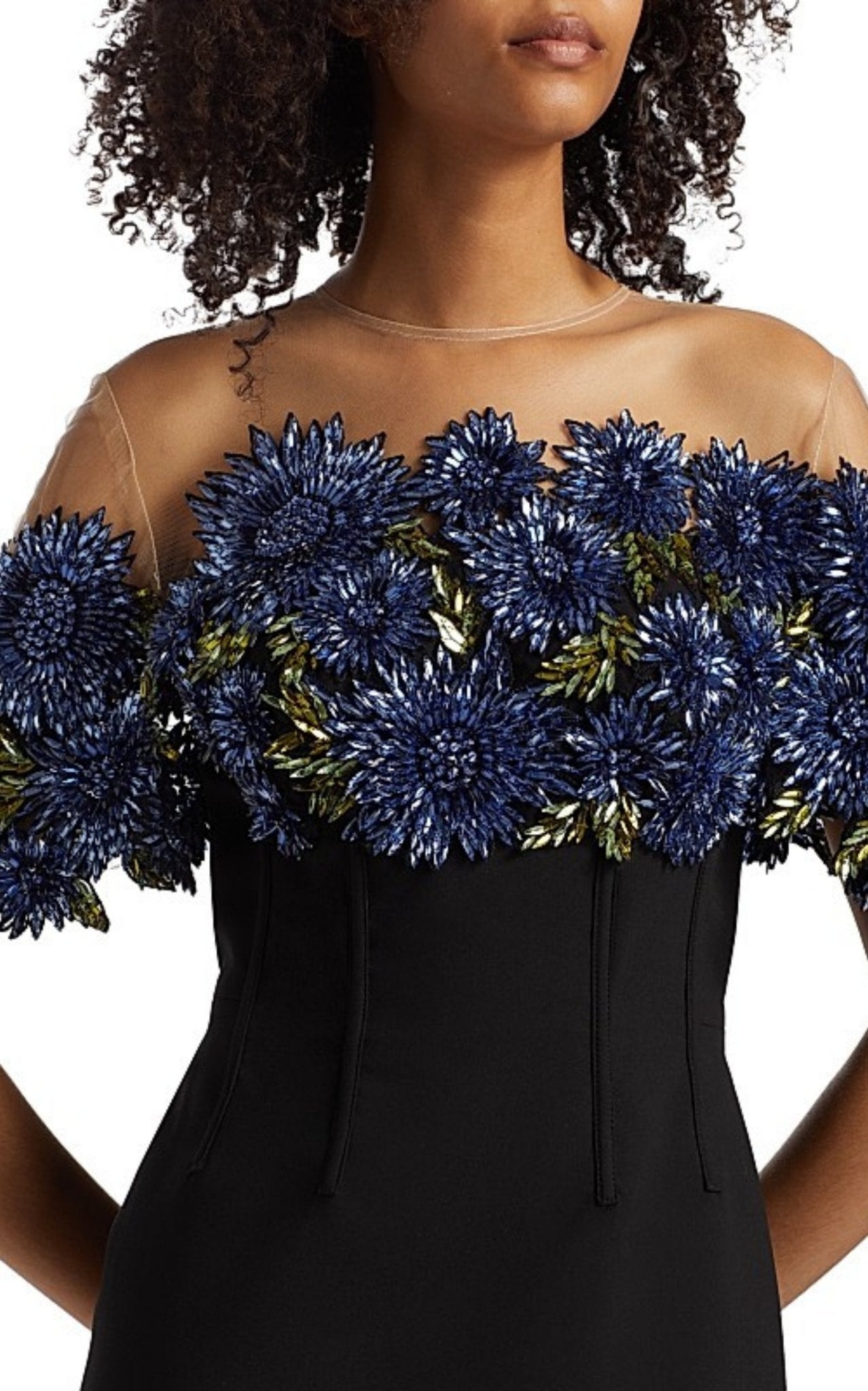 Lela Rose Beaded Floral Illusion Neck Column Gown