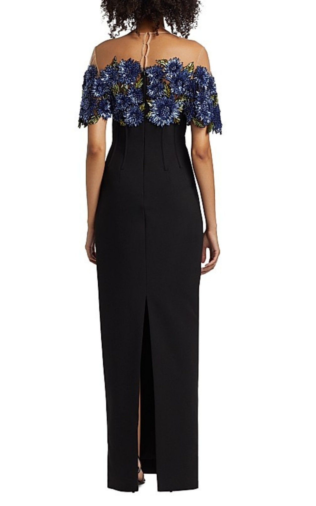 Lela Rose Beaded Floral Illusion Neck Column Gown