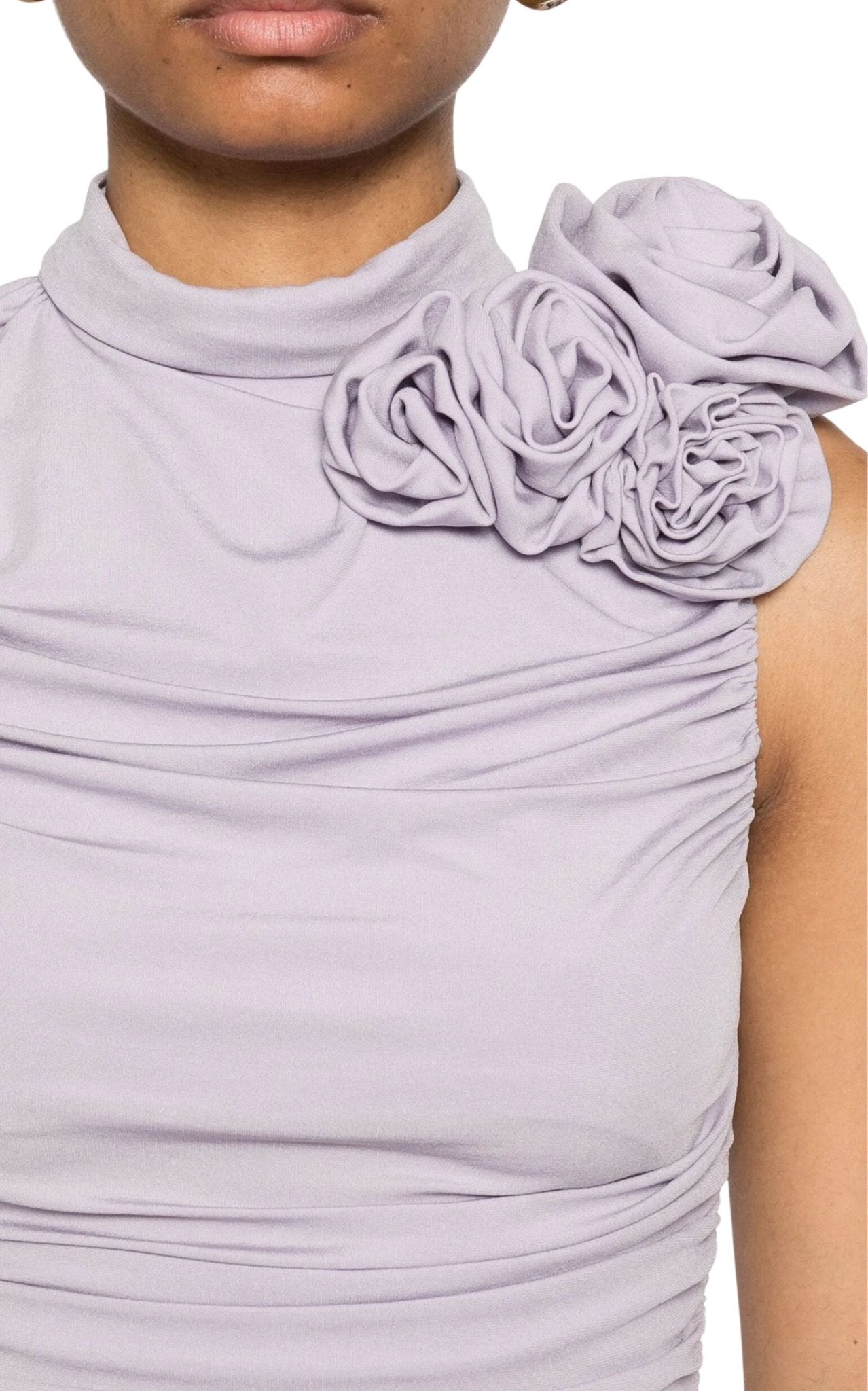 Magda Butrym lilac ruched mock-neck midi dress with brooch detail 