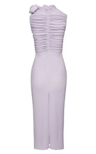 Magda Butrym lilac ruched mock-neck midi dress with brooch detail