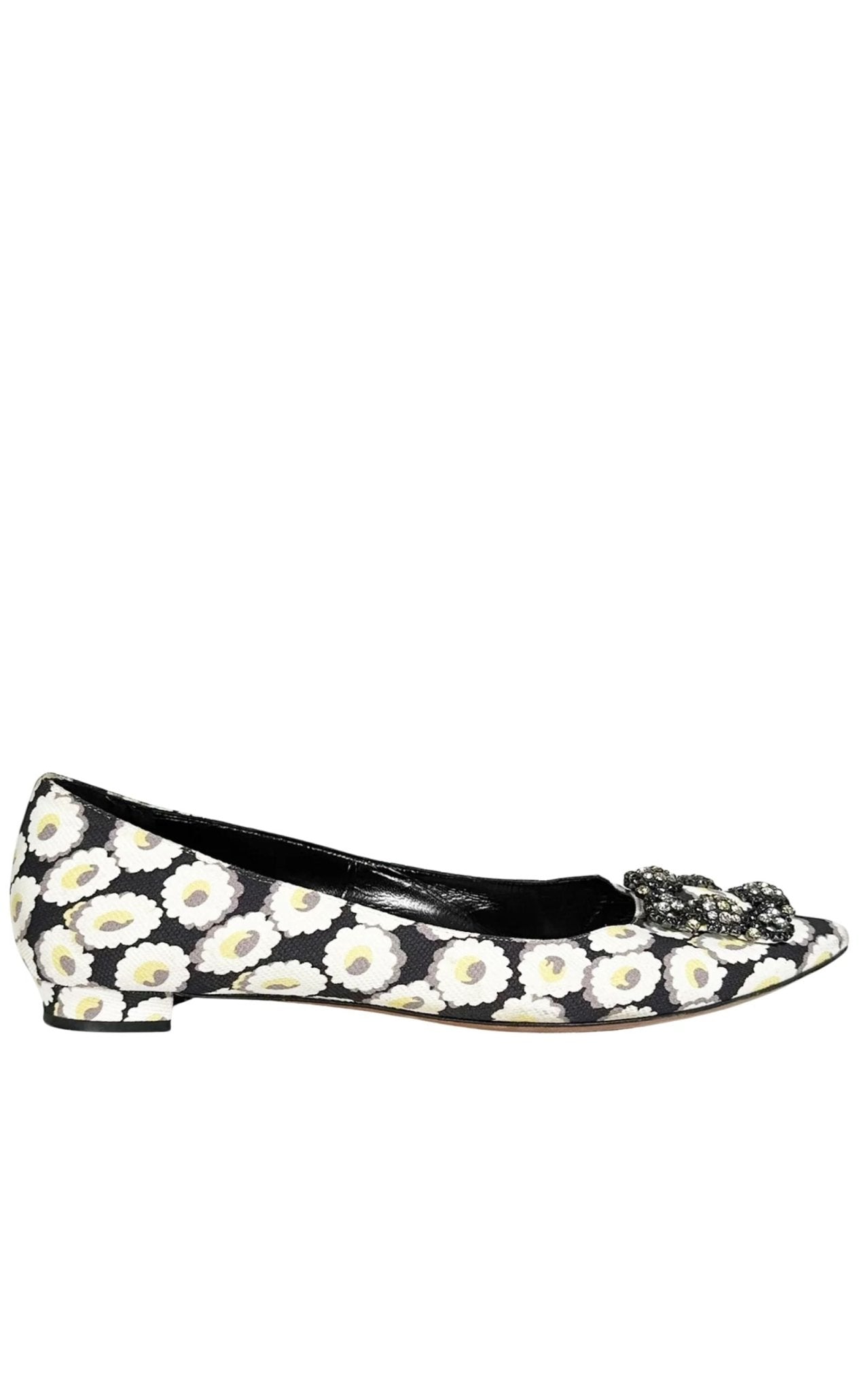 Manolo Blahnik Crystal Brooch Floral Print Flats - Runway Catalog