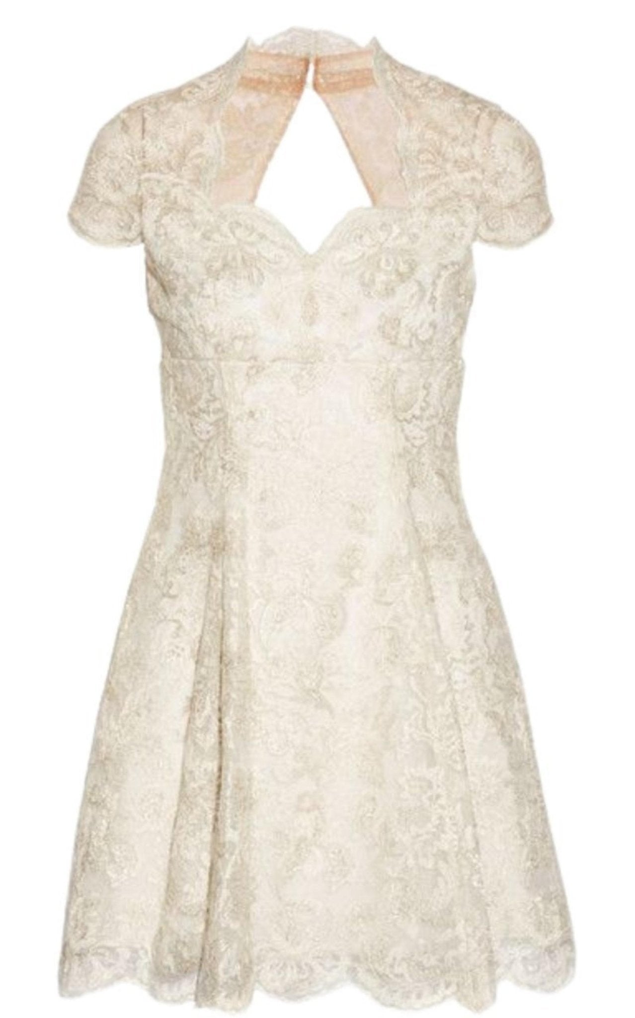 Marchesa Notte Metallic Lace Cap Sleeve Dress