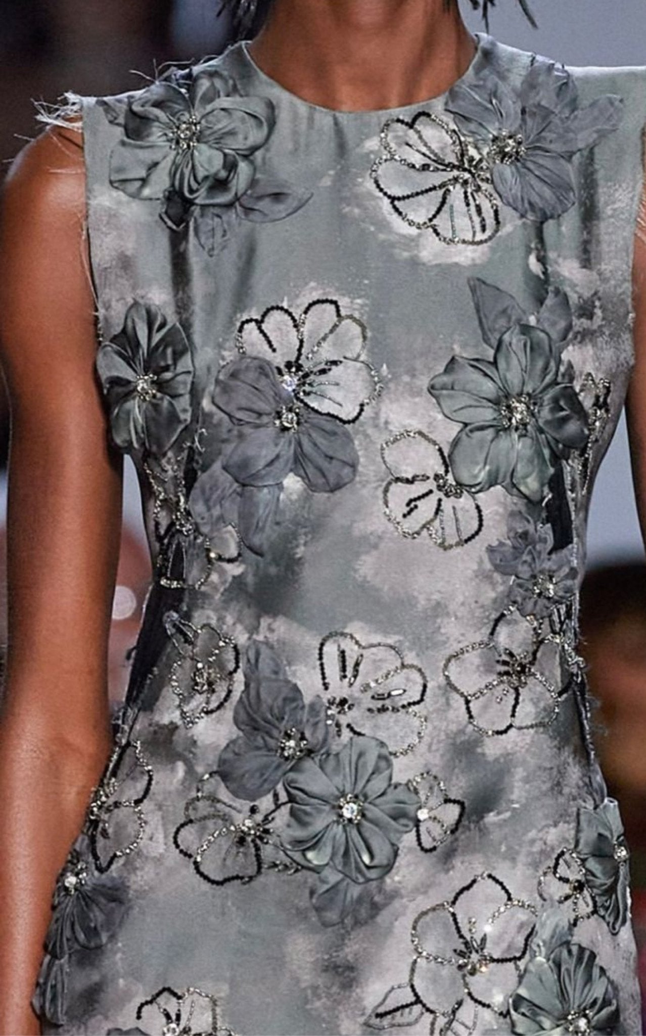 Miu Miu Graphite grey_sheath_dress_with_organza_floral_appliqus
