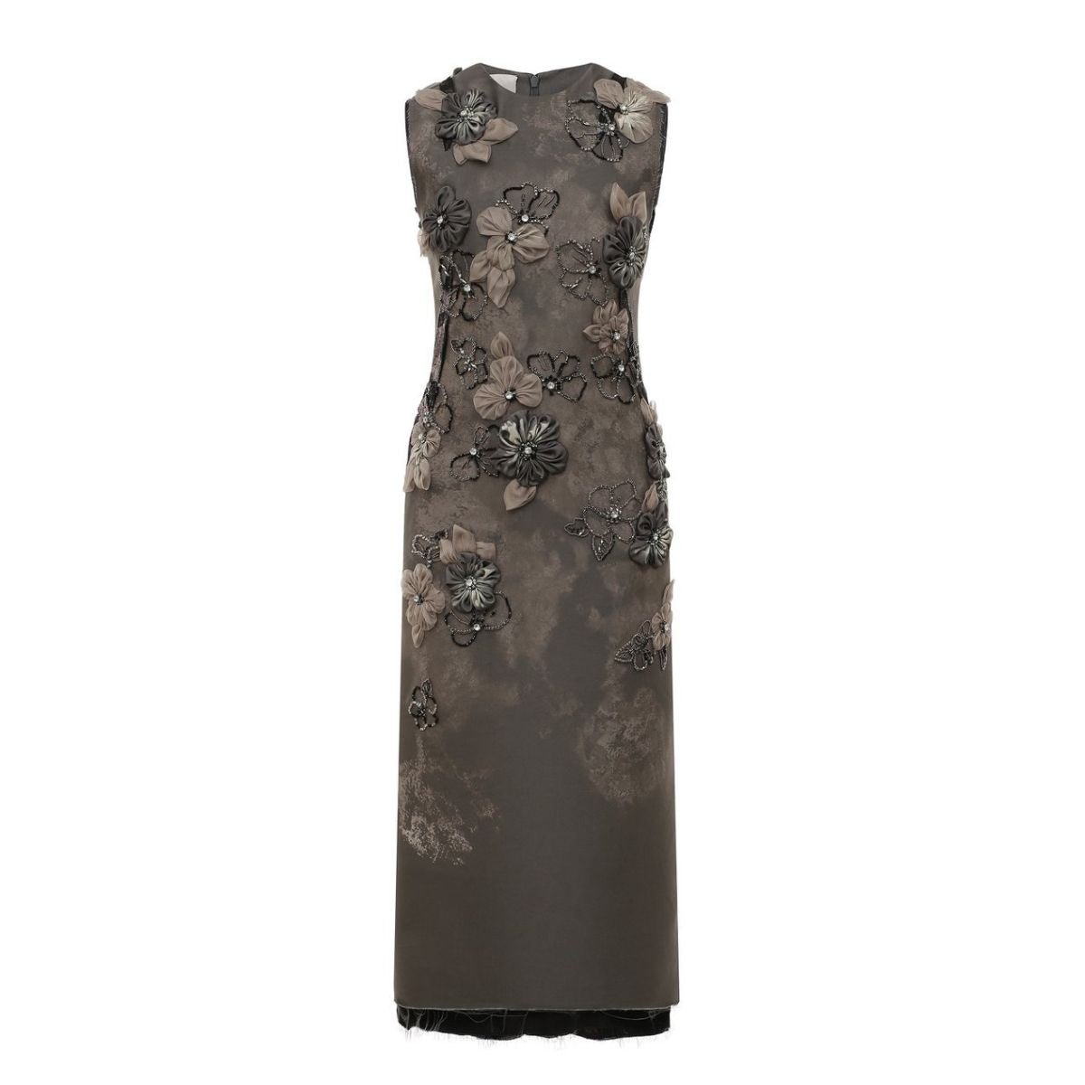 Miu Miu Graphite Grey Organza Floral Appliqué Beaded Sheath Dress - Runway Catalog