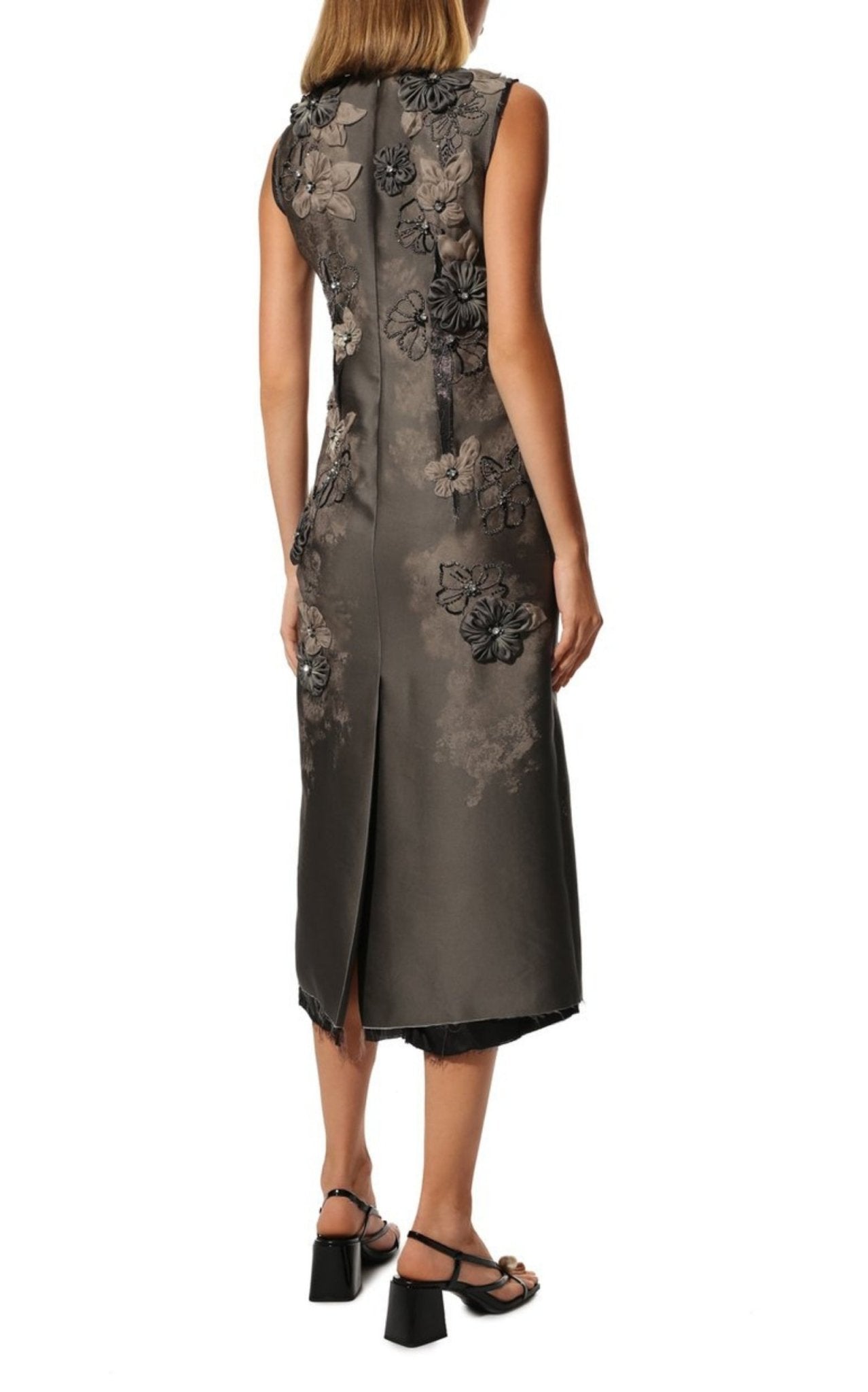 Miu Miu Graphite grey_sheath_dress_with_organza_floral_appliqus