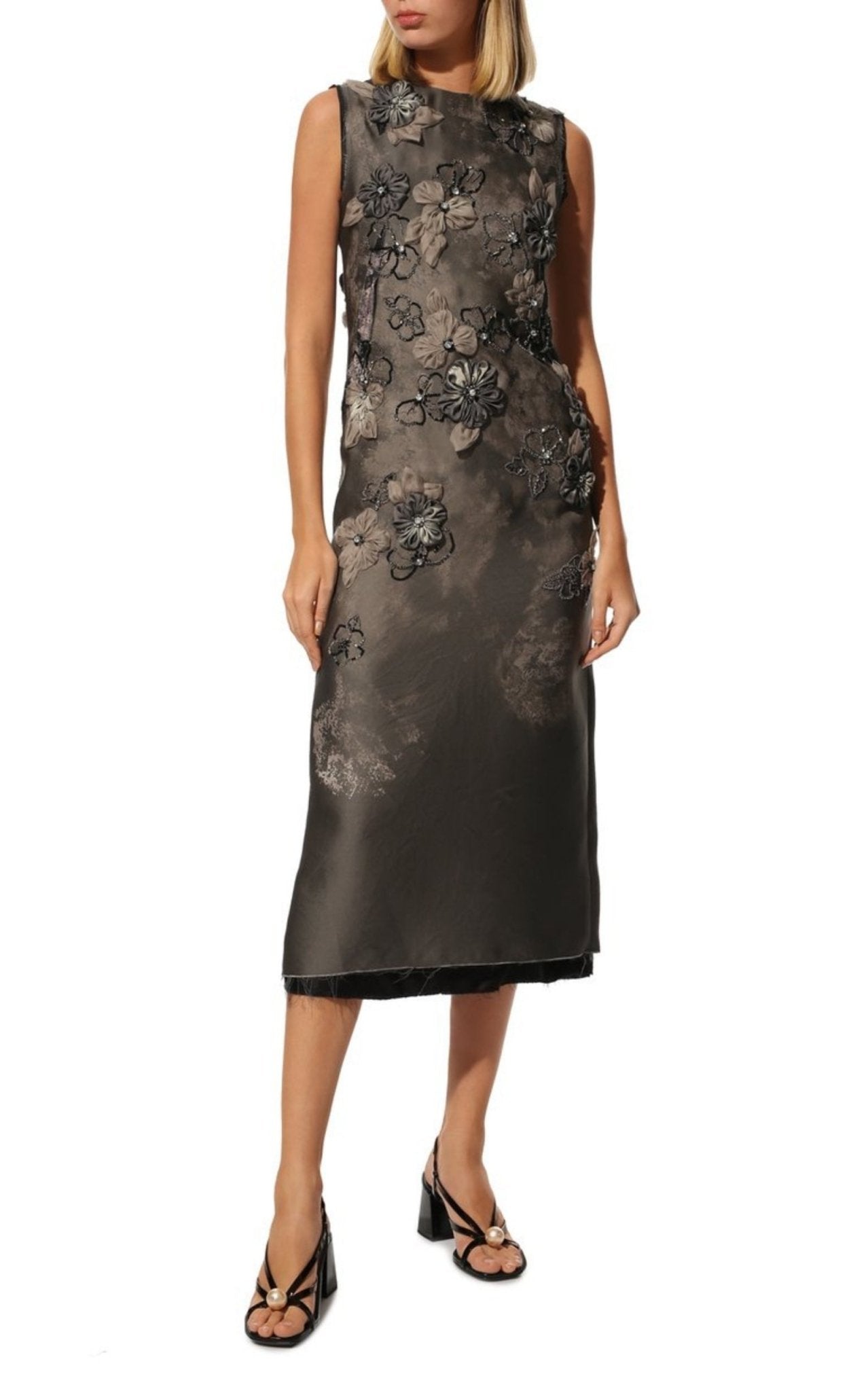 Miu Miu Graphite grey_sheath_dress_with_organza_floral_appliqus