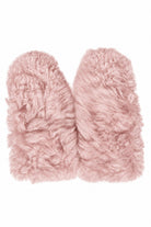 A pair of fluffy, curly, shearling fur Miu Miu mittens in a dusty pink color, shown against a plain white background.
